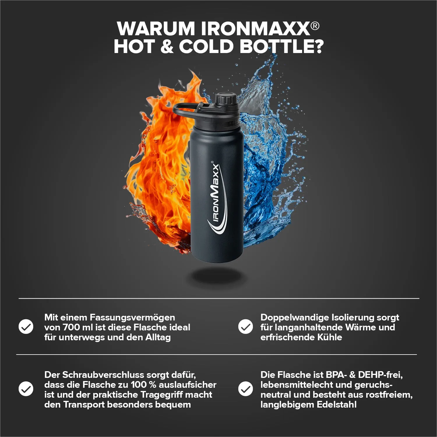 Iron Maxx Hot & Cold Bottle Trinkflasche 800ml Deep Black