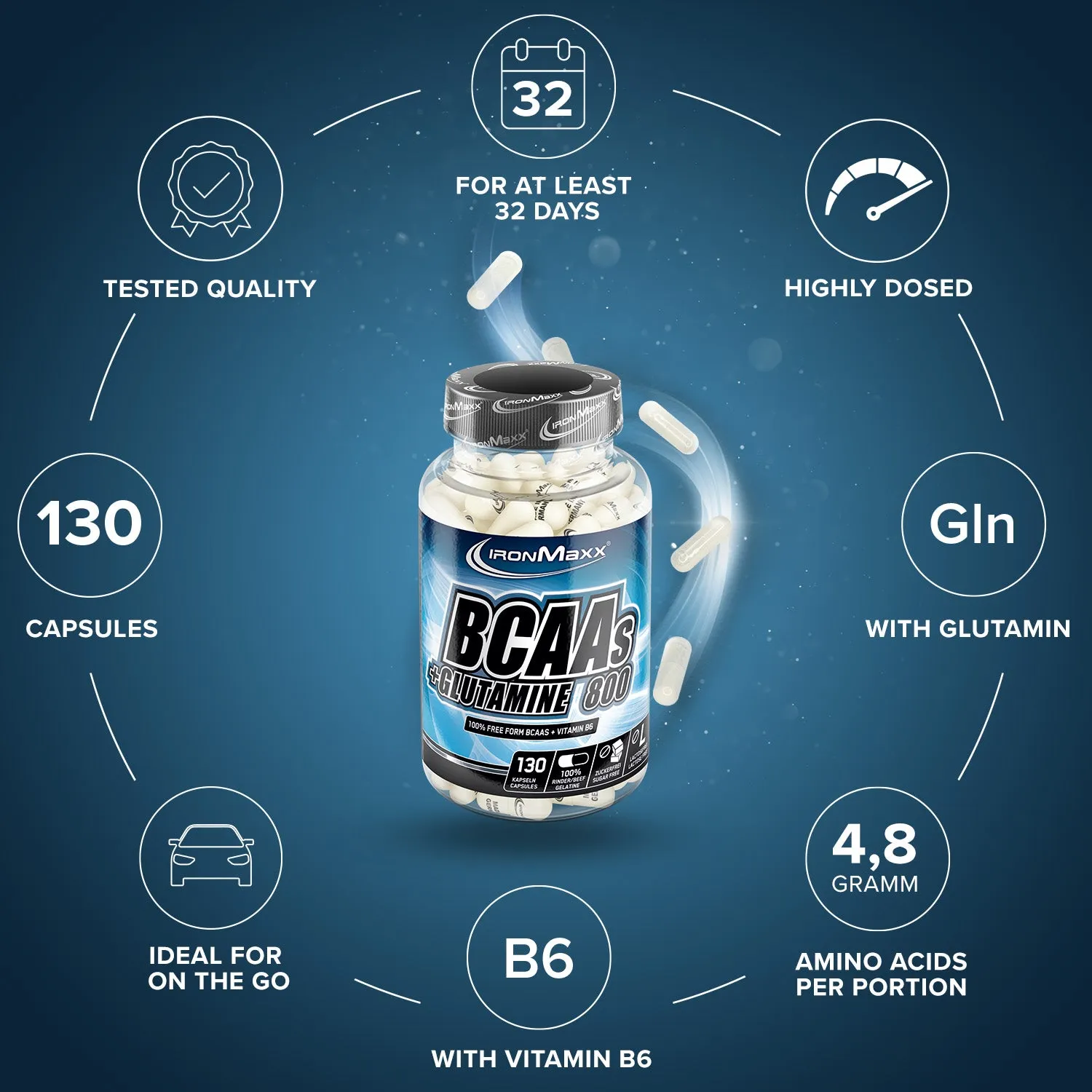 IronMaxx BCAAs + Glutamin 800 Aminosäuren-Kapseln 130 Kapseln