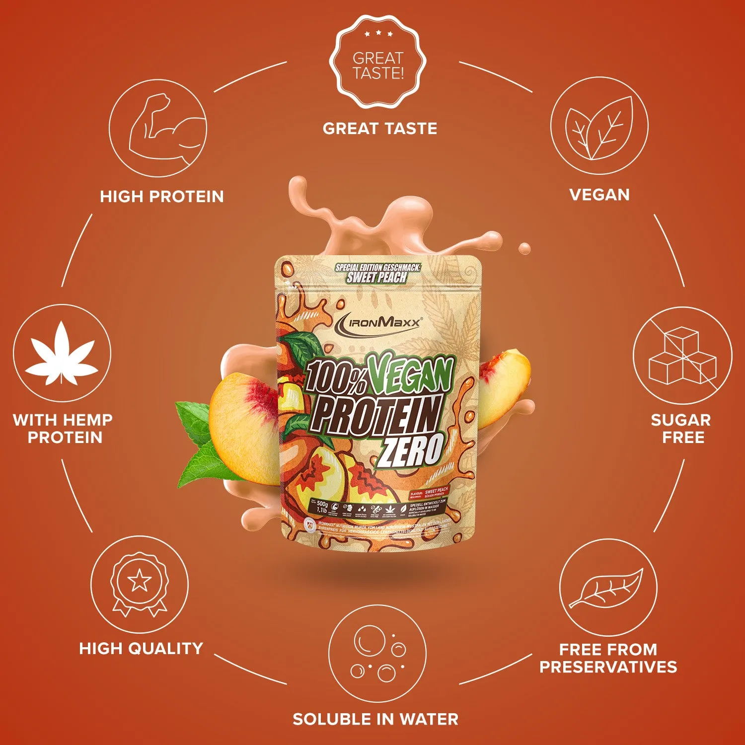 Iron Maxx 100% Vegan Protein Zero Proteinpulver 500g Sweet Peach zuckerfrei