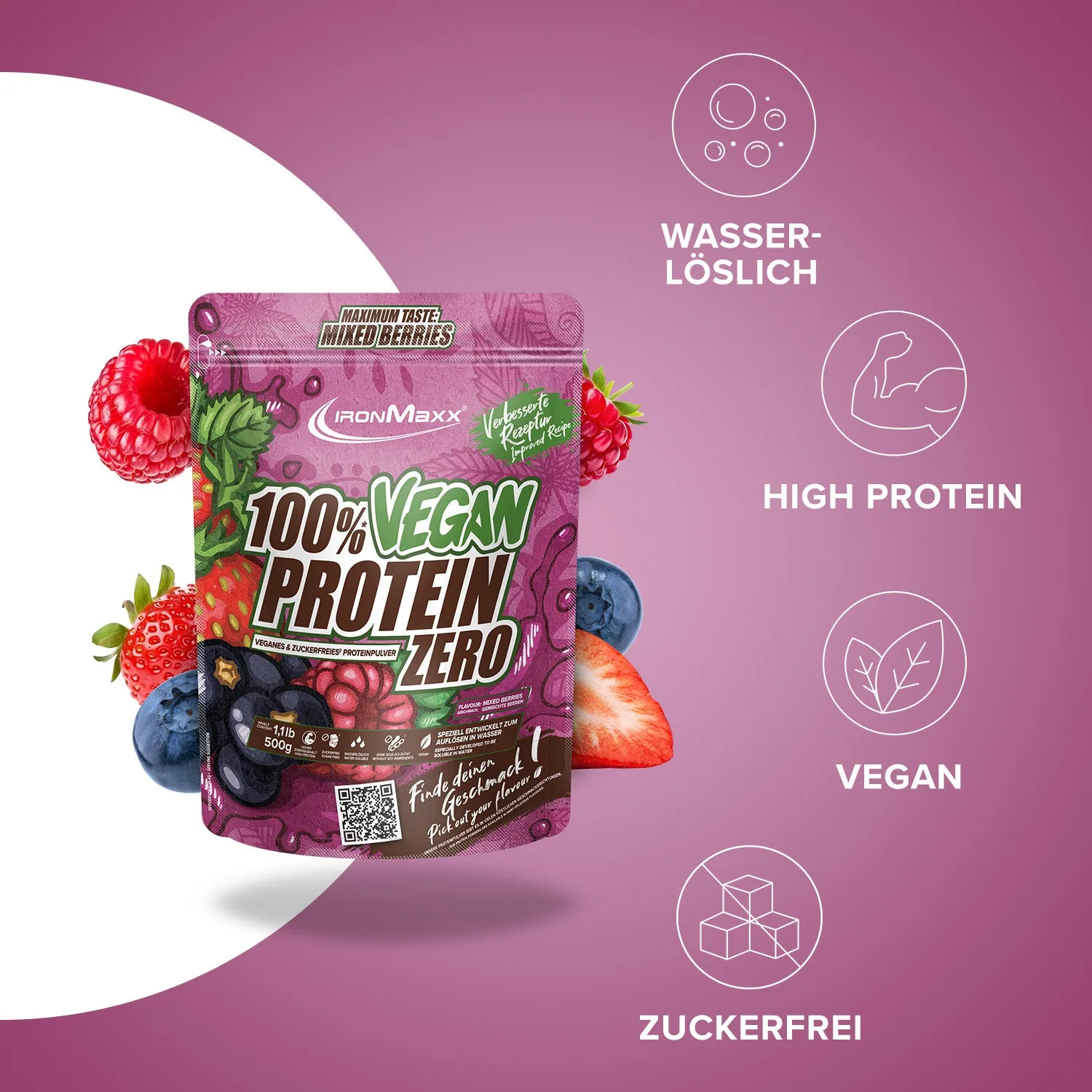 Iron Maxx 100% Vegan Protein Zero Proteinpulver 500 g Mixed Berries zuckerfrei