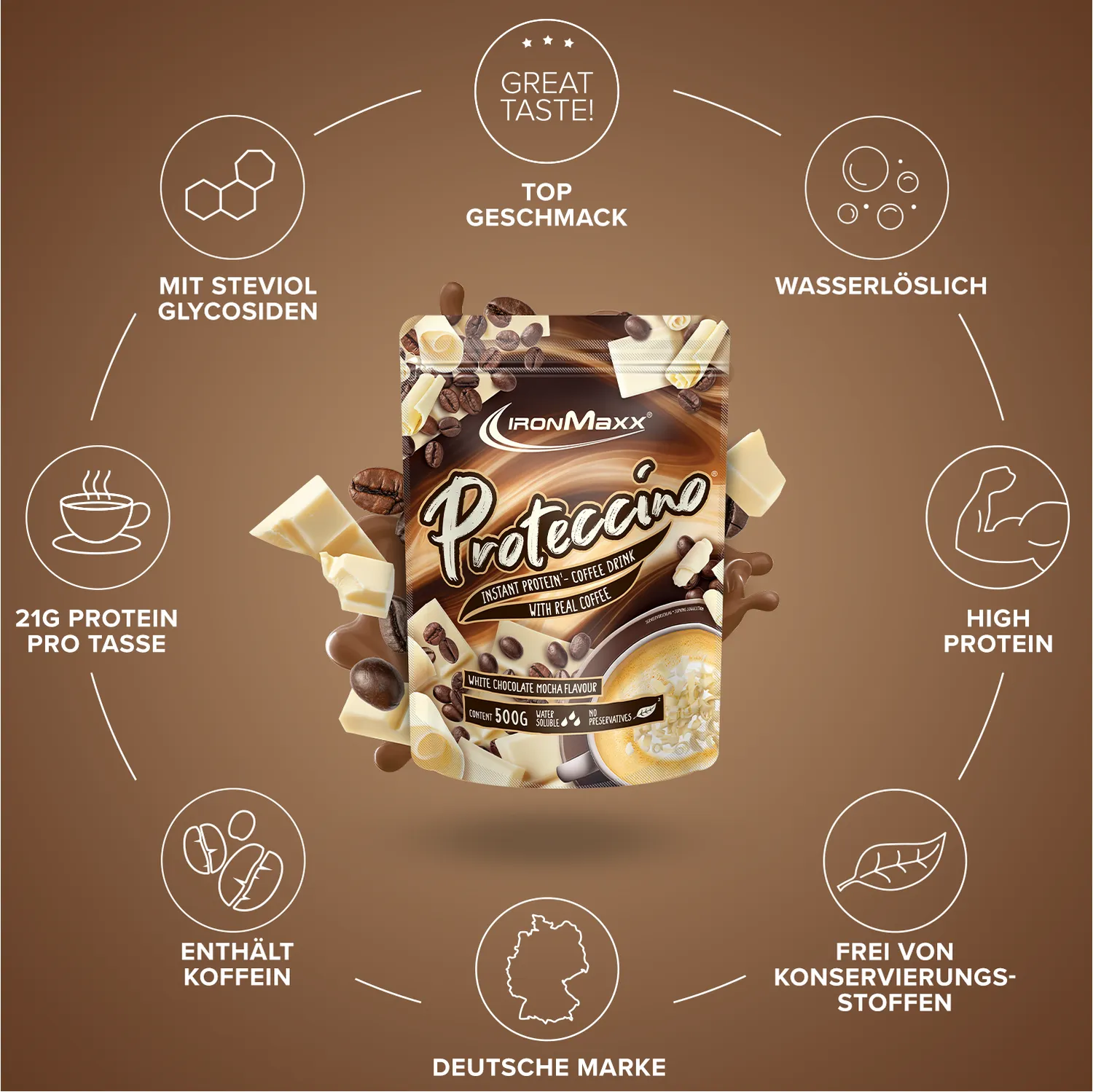 Iron Maxx Proteccino Protein-Kaffee 500g White Chocolate Mocha koffeinhaltig