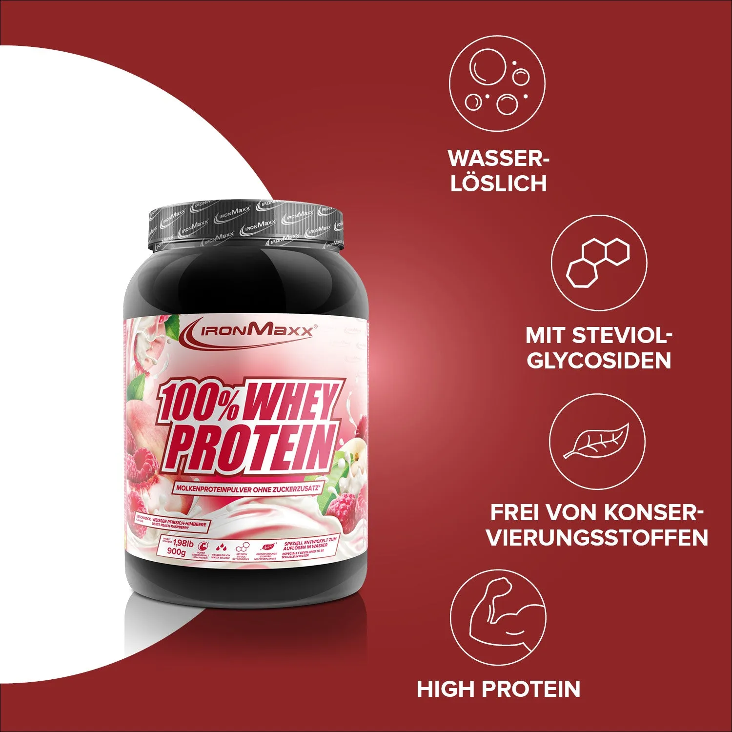 Iron Maxx 100% Whey Protein 900 g White Peach Raspberry zuckerfrei