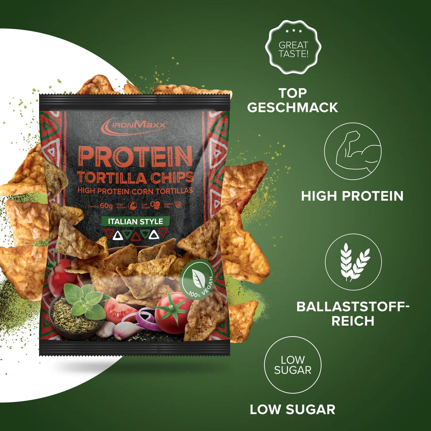 Iron Maxx Protein Tortilla Chips 1.0 Italian Style 60 g glutenfrei