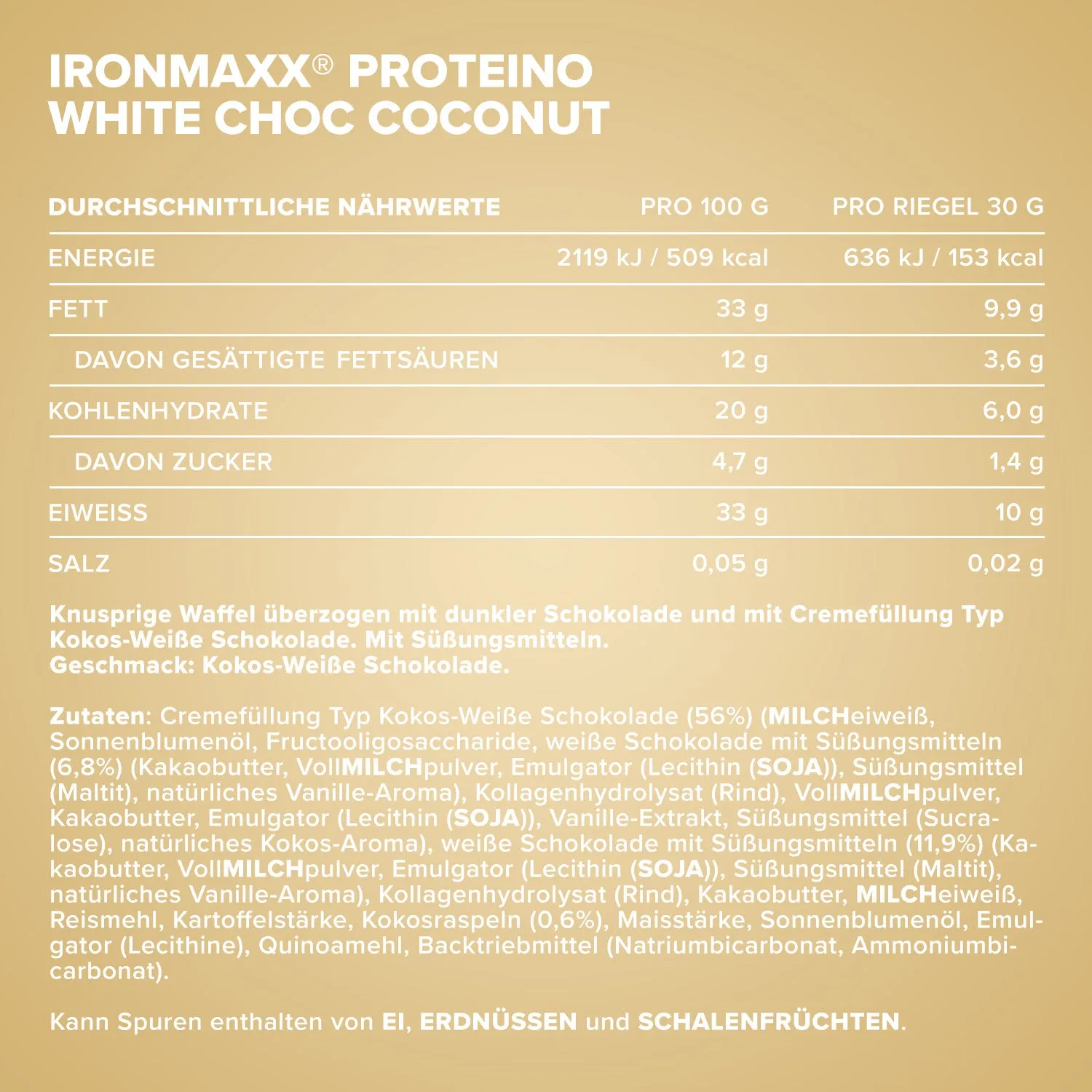 Iron Maxx Proteino White Choc Coconut Riegel 12x30g zuckerarm