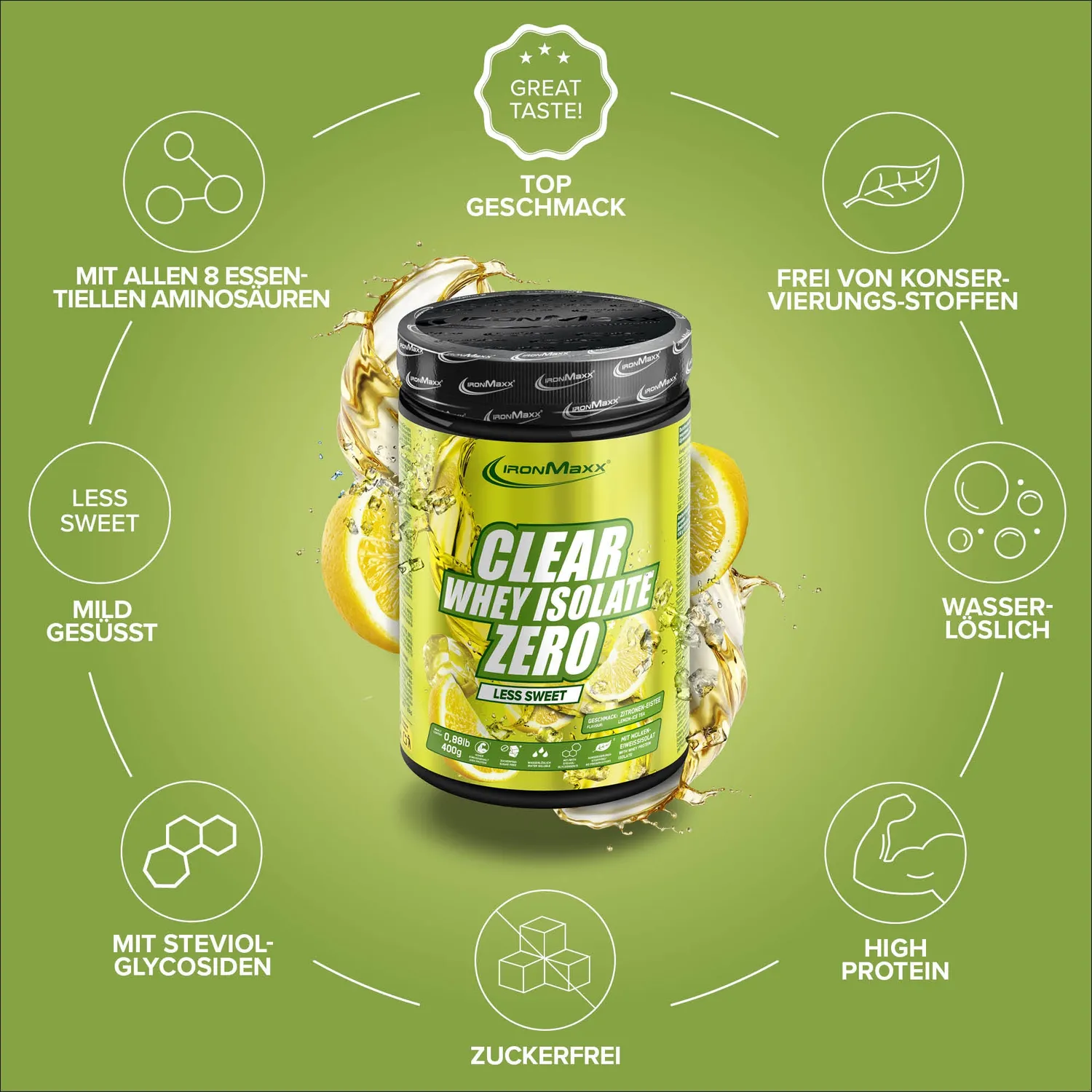 Iron Maxx Clear Whey Isolate ZERO Proteinpulver Lemon Ice Tea 400 g weniger süß