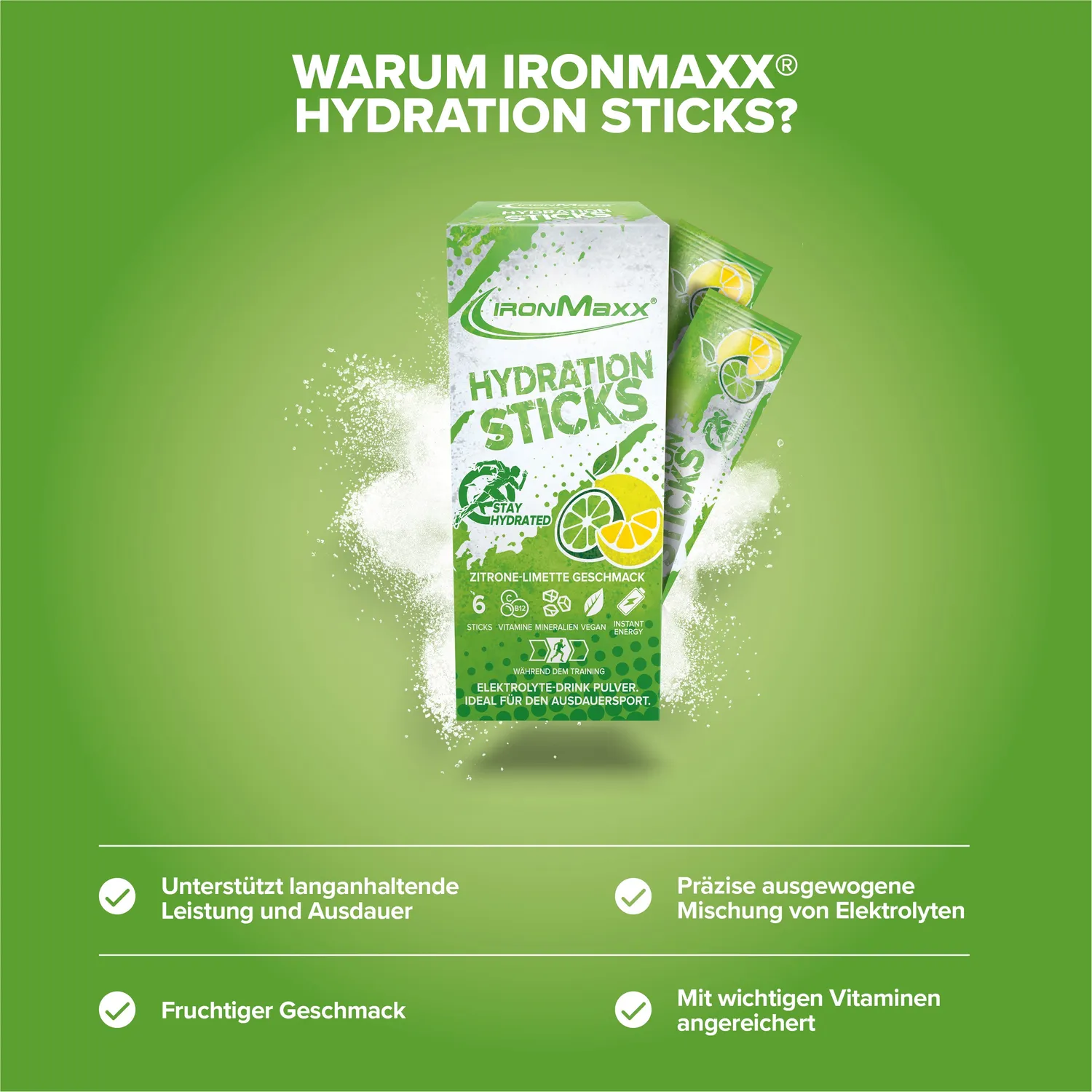 Iron Maxx Hydration Sticks Elektrolytpulver Zitrone-Limette 6x12,9g vegan
