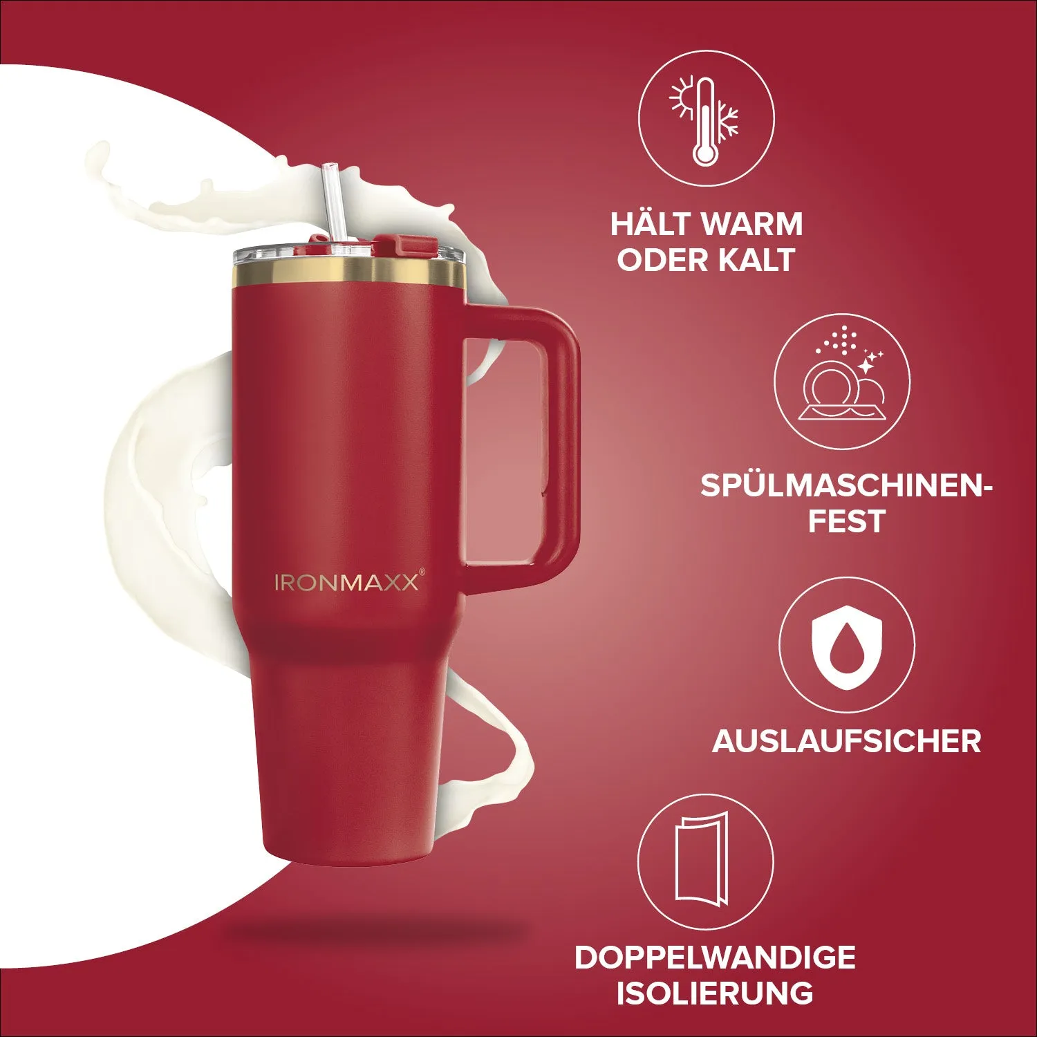 IronMaxx Cup V3.0 1200 ml Trinkbecher Ruby Red Edelstahl isoliert