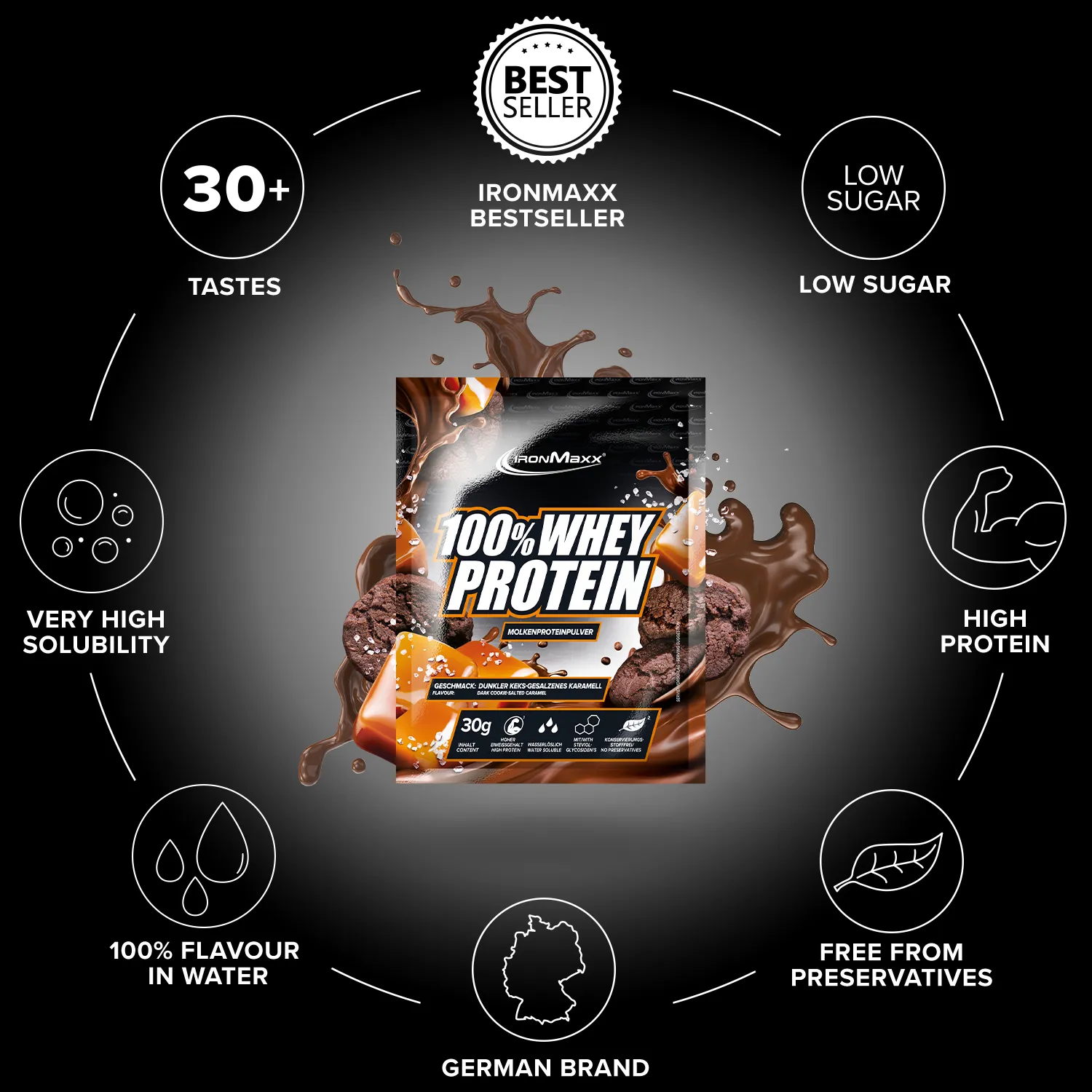 Iron Maxx 100% Whey Protein Pulver Dark Cookies Salted Caramel 30 g zuckerfrei