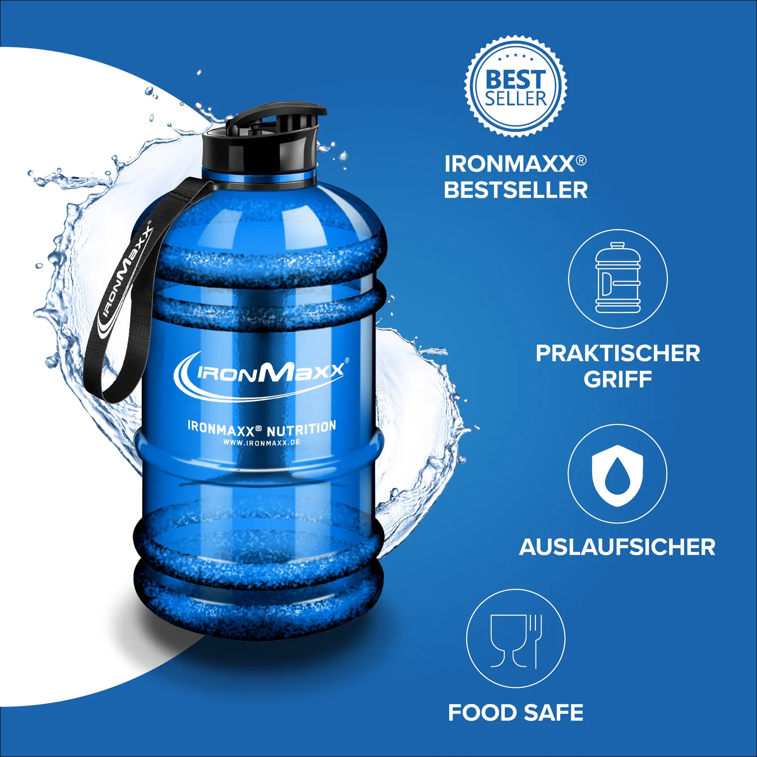 Iron Maxx Water Gallon Trinkflasche 2200 ml Blau BPA-frei