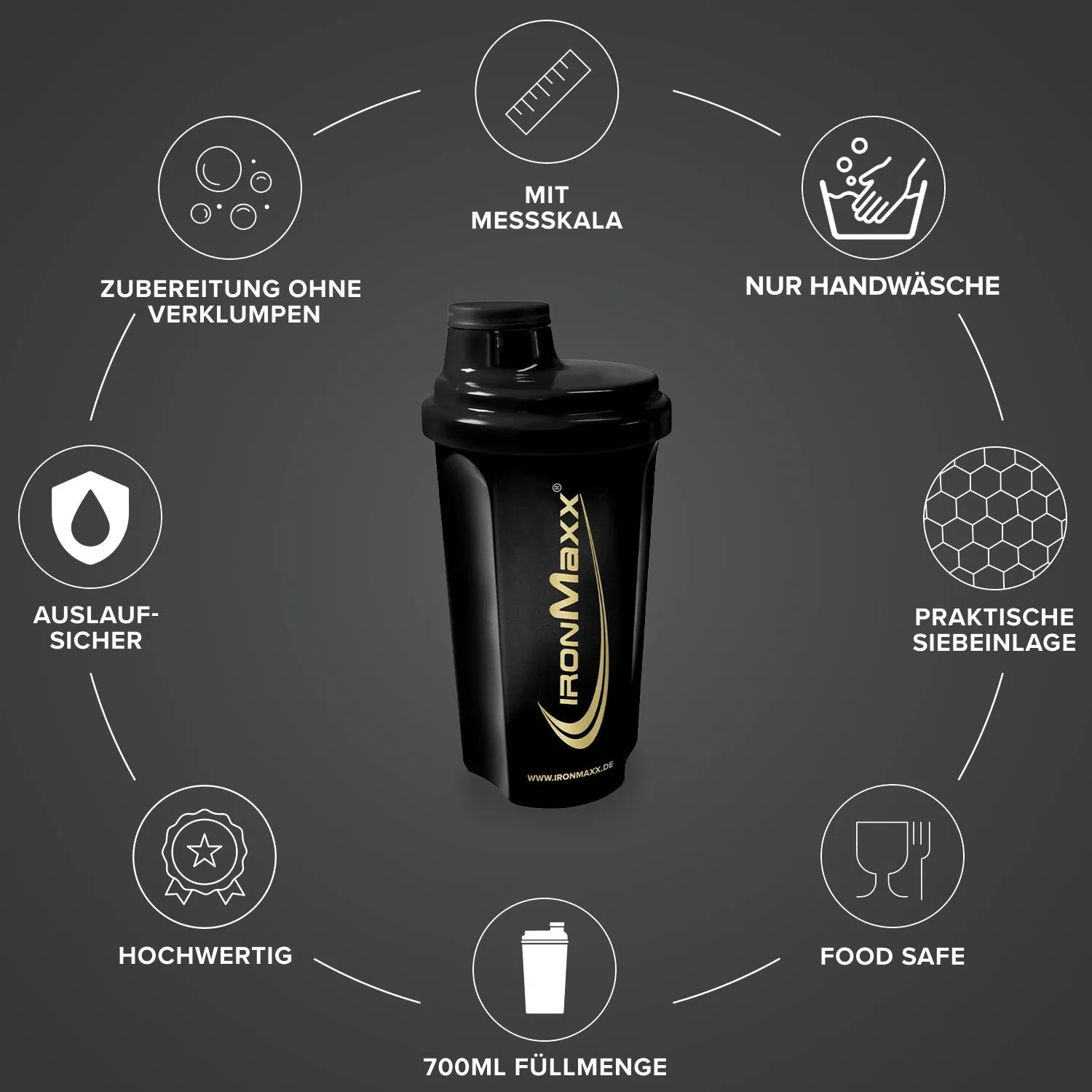 Iron Maxx Shaker 700 ml Protein Shaker Black Gold Mit Sieb