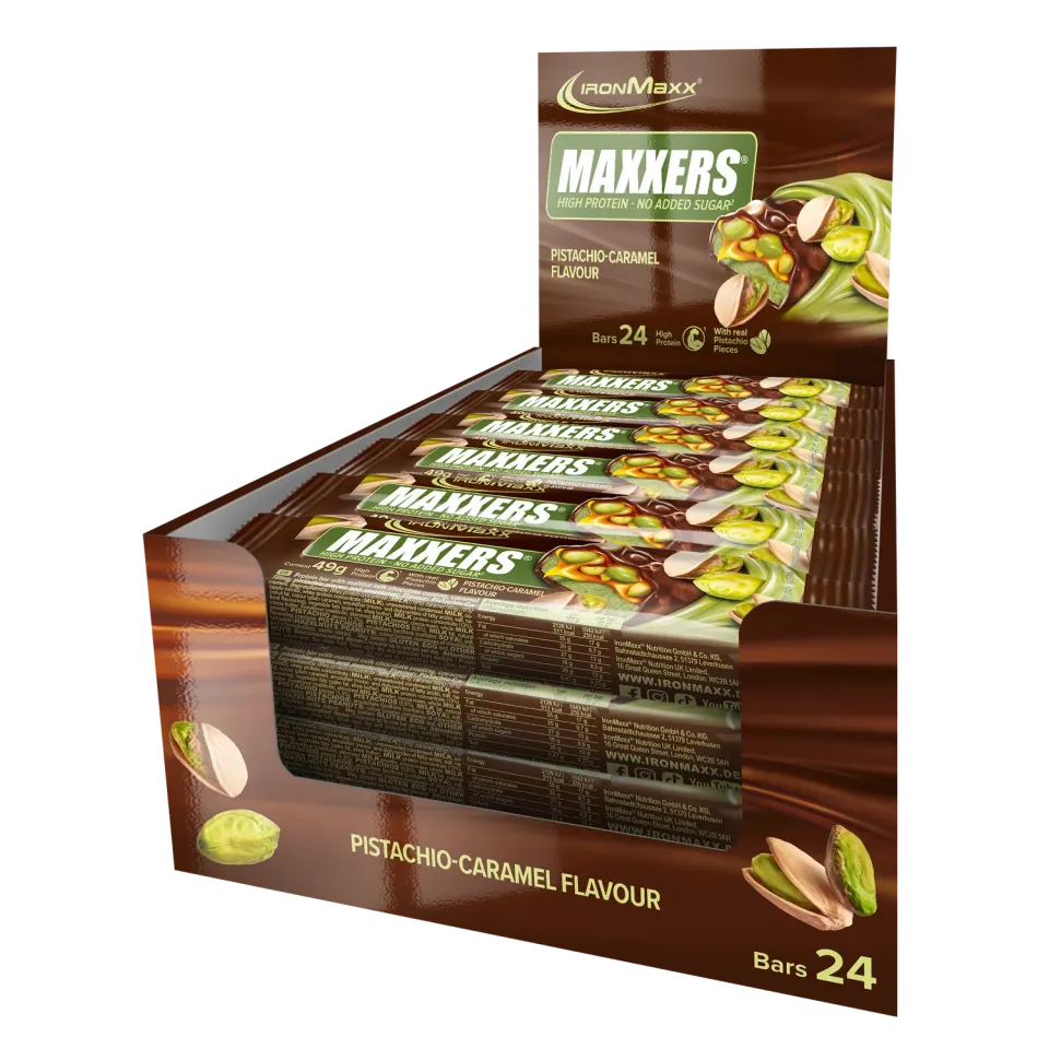 Iron Maxx Maxxers Proteinriegel 24 x 49 g Milk Choc Pistachio Caramel Pistazie