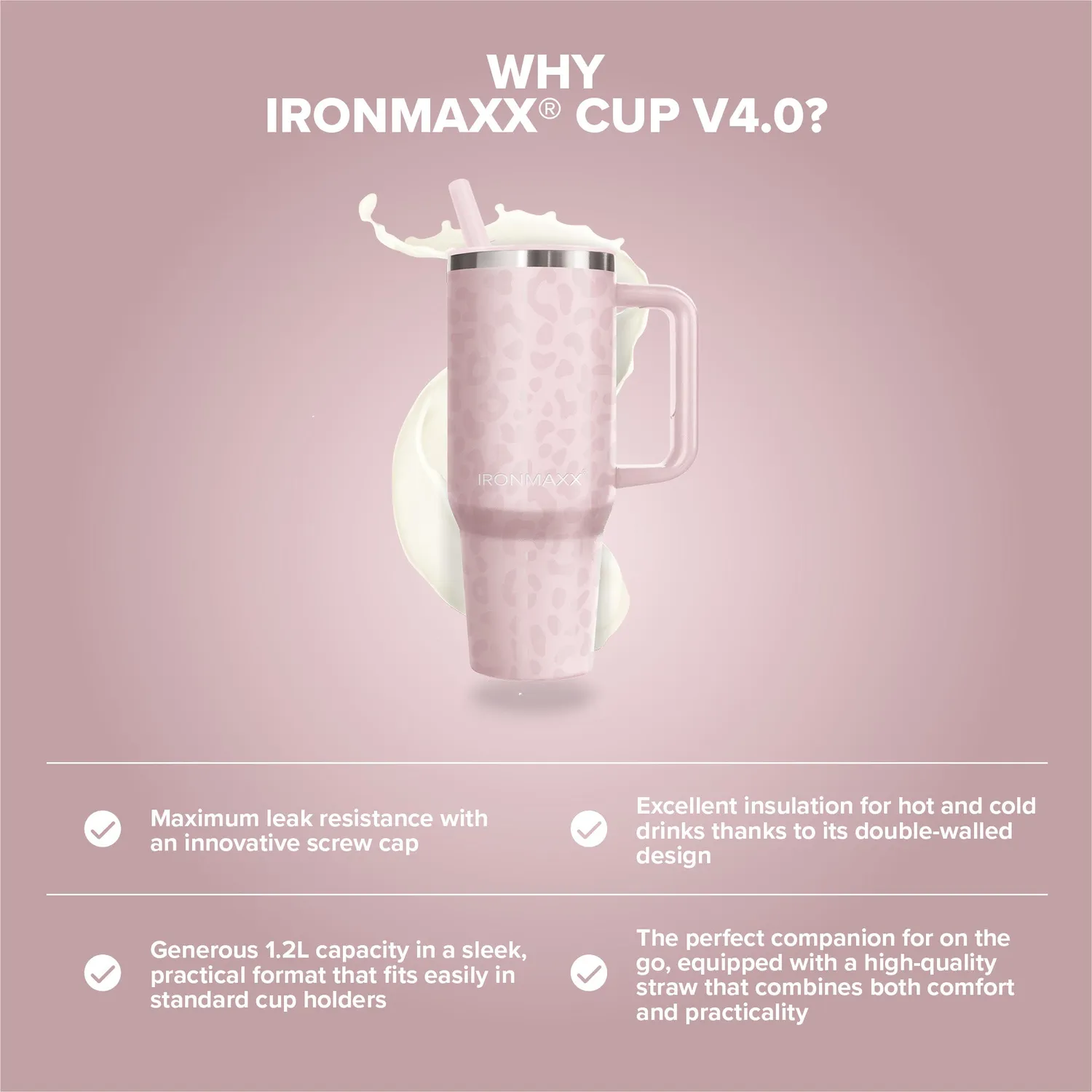 Iron Maxx Cup V4.0 1200ml Leo-Style Rose Edelstahl Trinkbecher