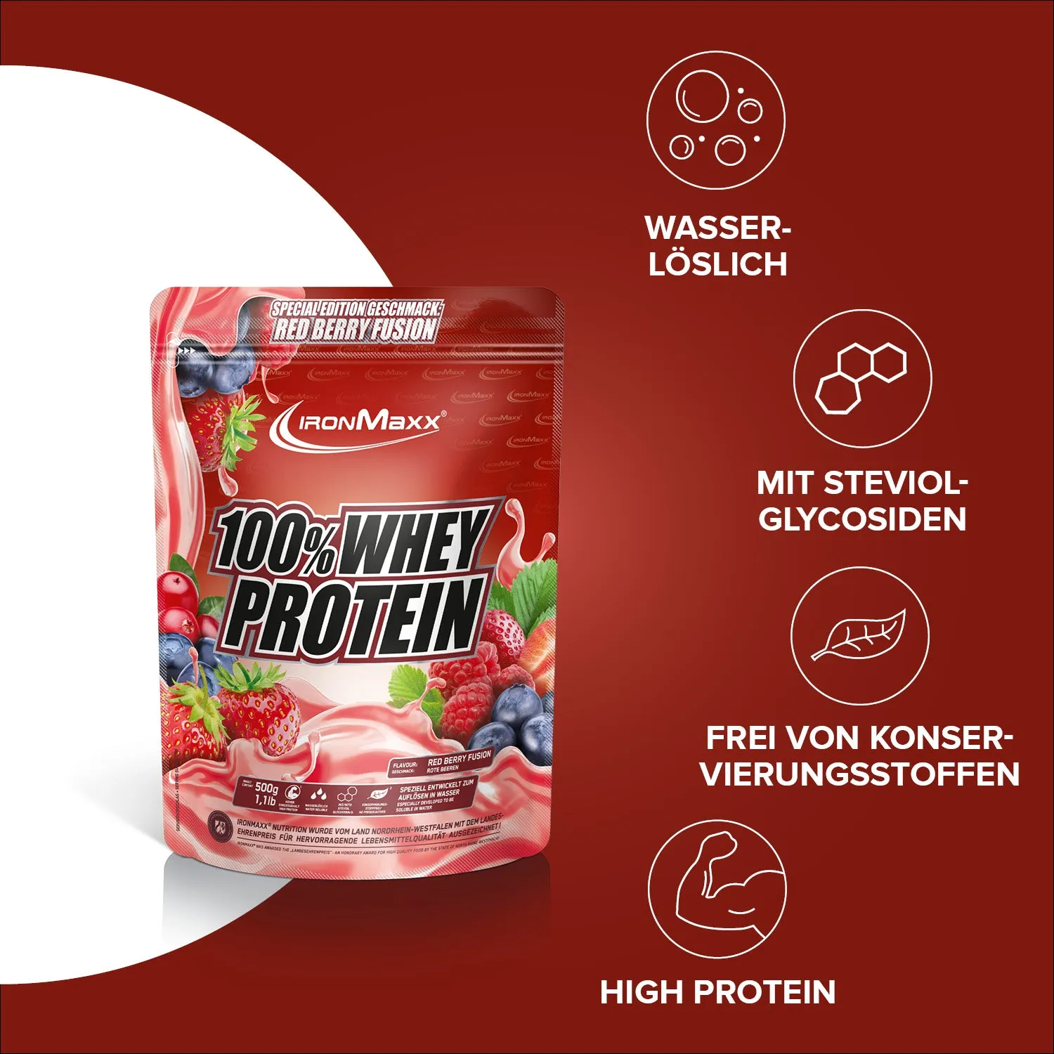 Iron Maxx 100% Whey Protein 500 g Red Berry Fusion zuckerfrei