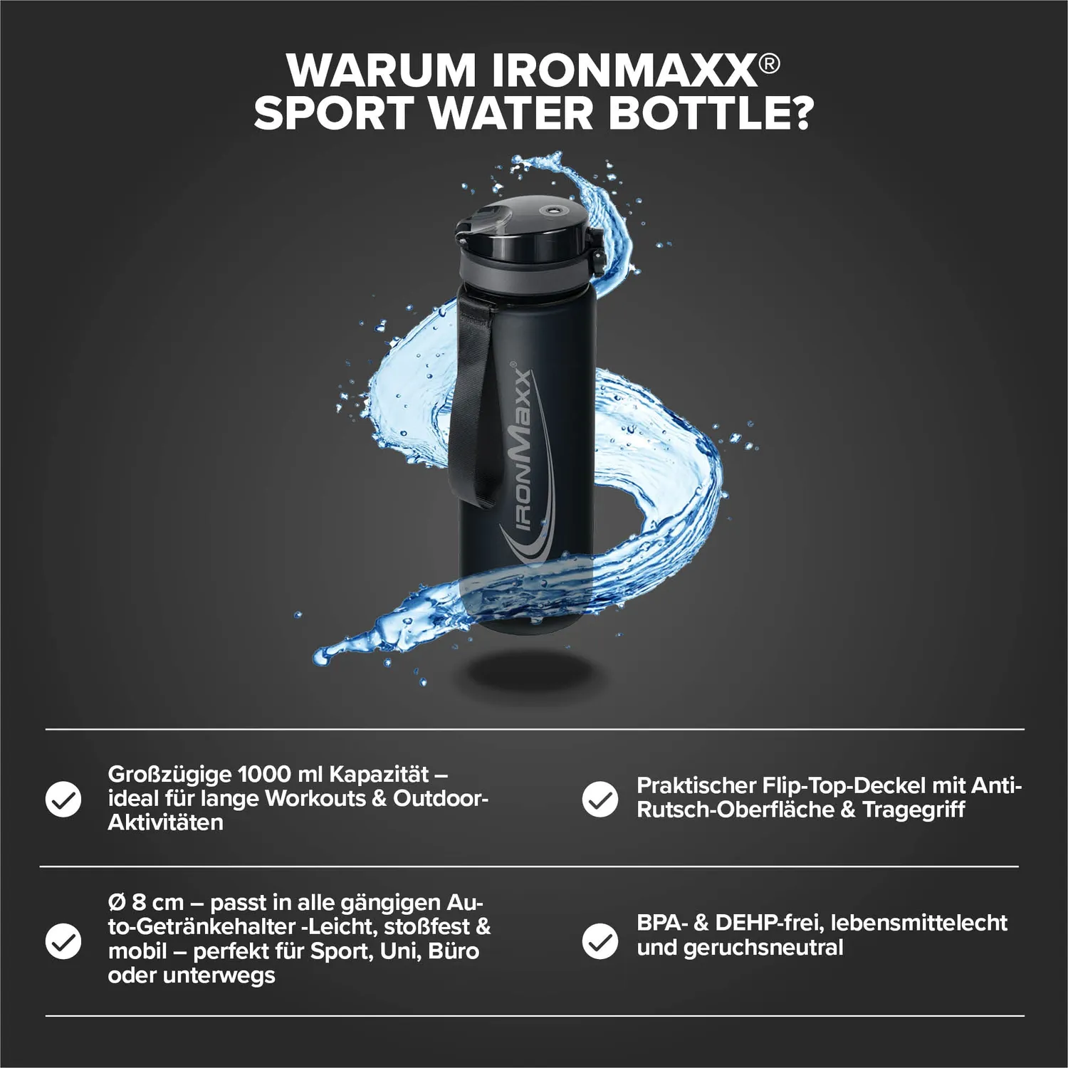 Iron Maxx Sport Water Bottle Trinkflasche 1000ml Deep Black BPA-frei