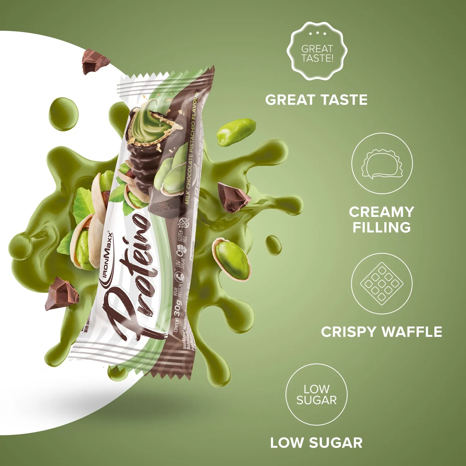 Iron Maxx Proteino Proteinriegel 12 x 30 g Milk Chocolate Pistachio