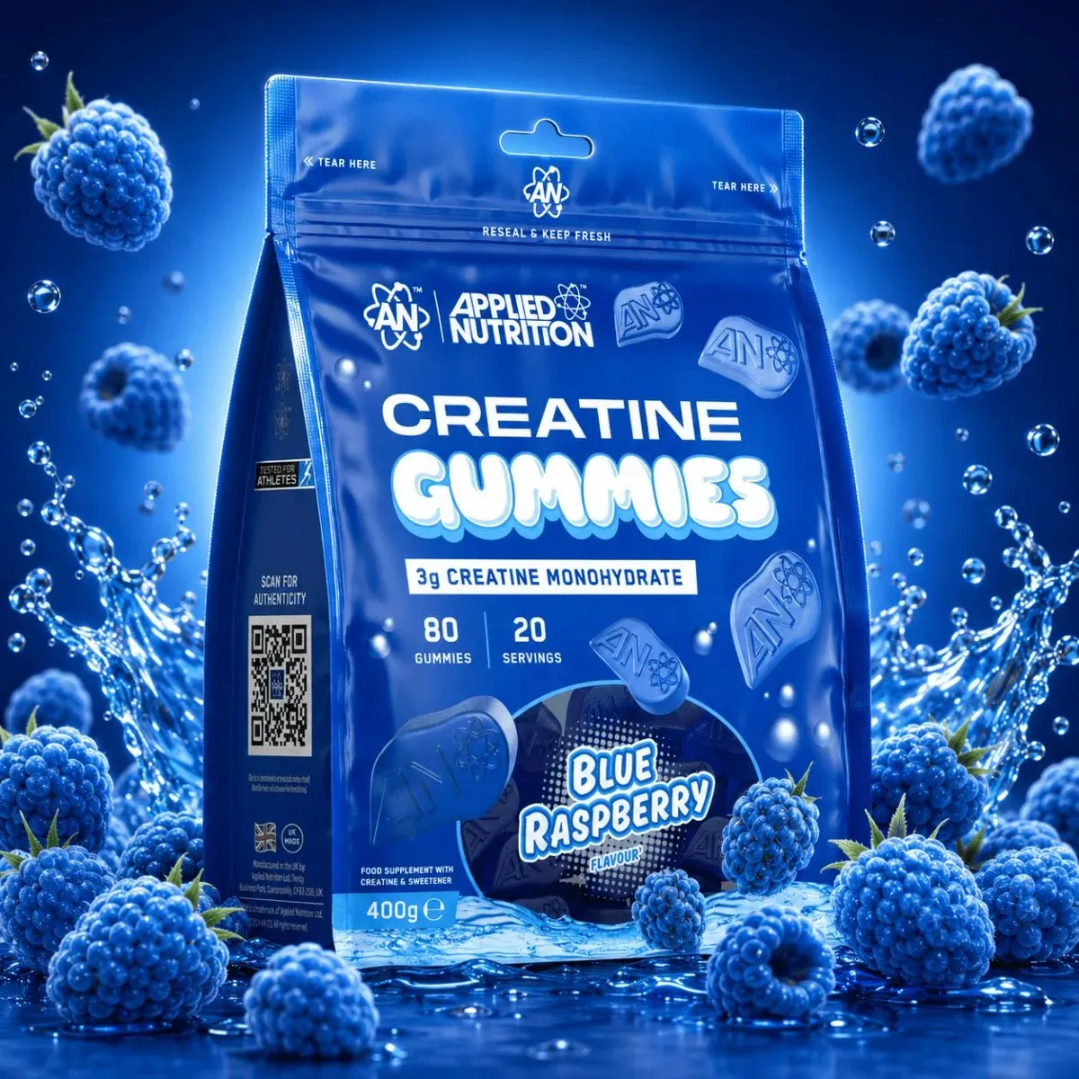 Applied Nutrition Kreatin-Monohydrat-Gummibärchen Blaue Himbeere 20 Portionen