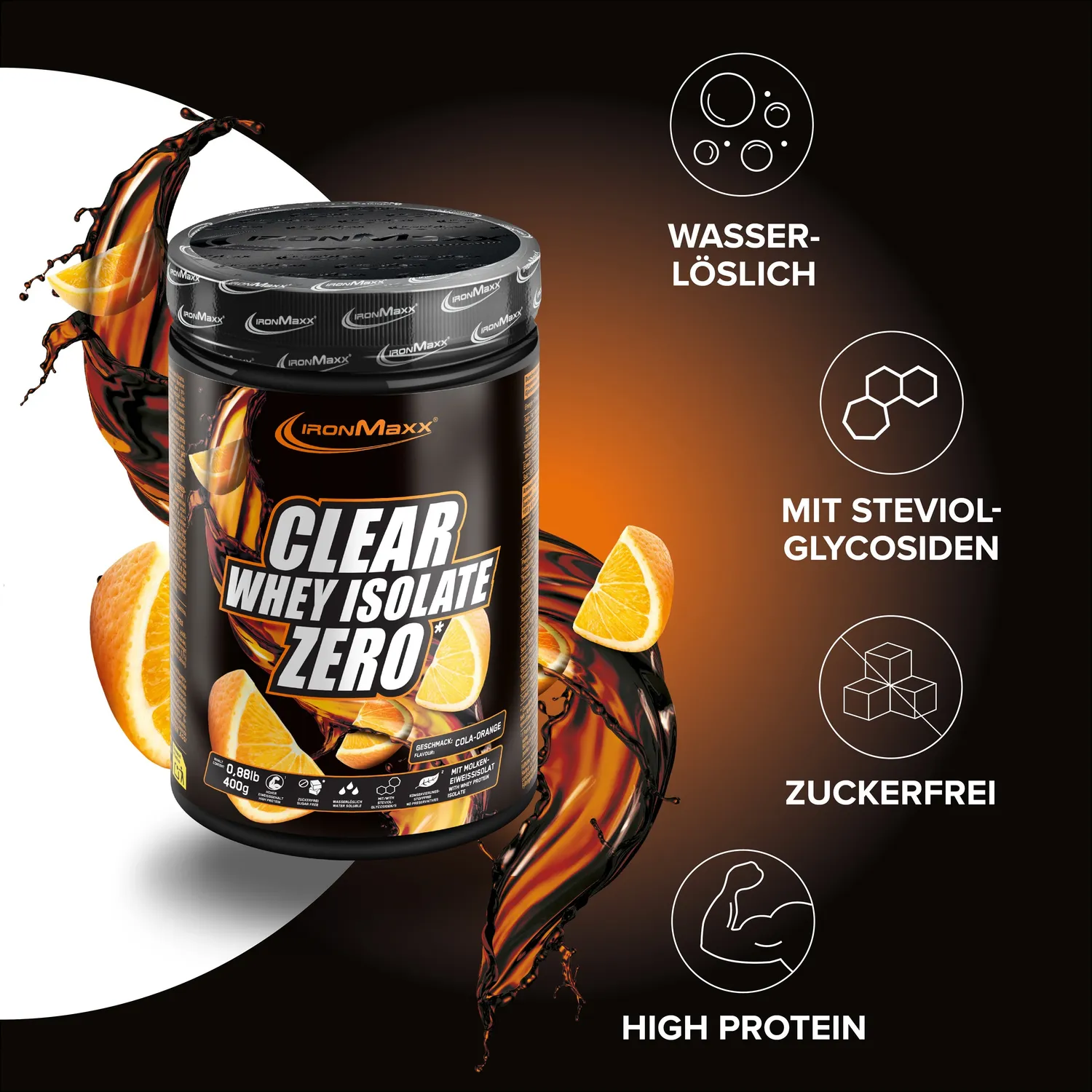 Iron Maxx Clear Whey Isolate ZERO Proteinpulver Cola Orange 400g zuckerfrei
