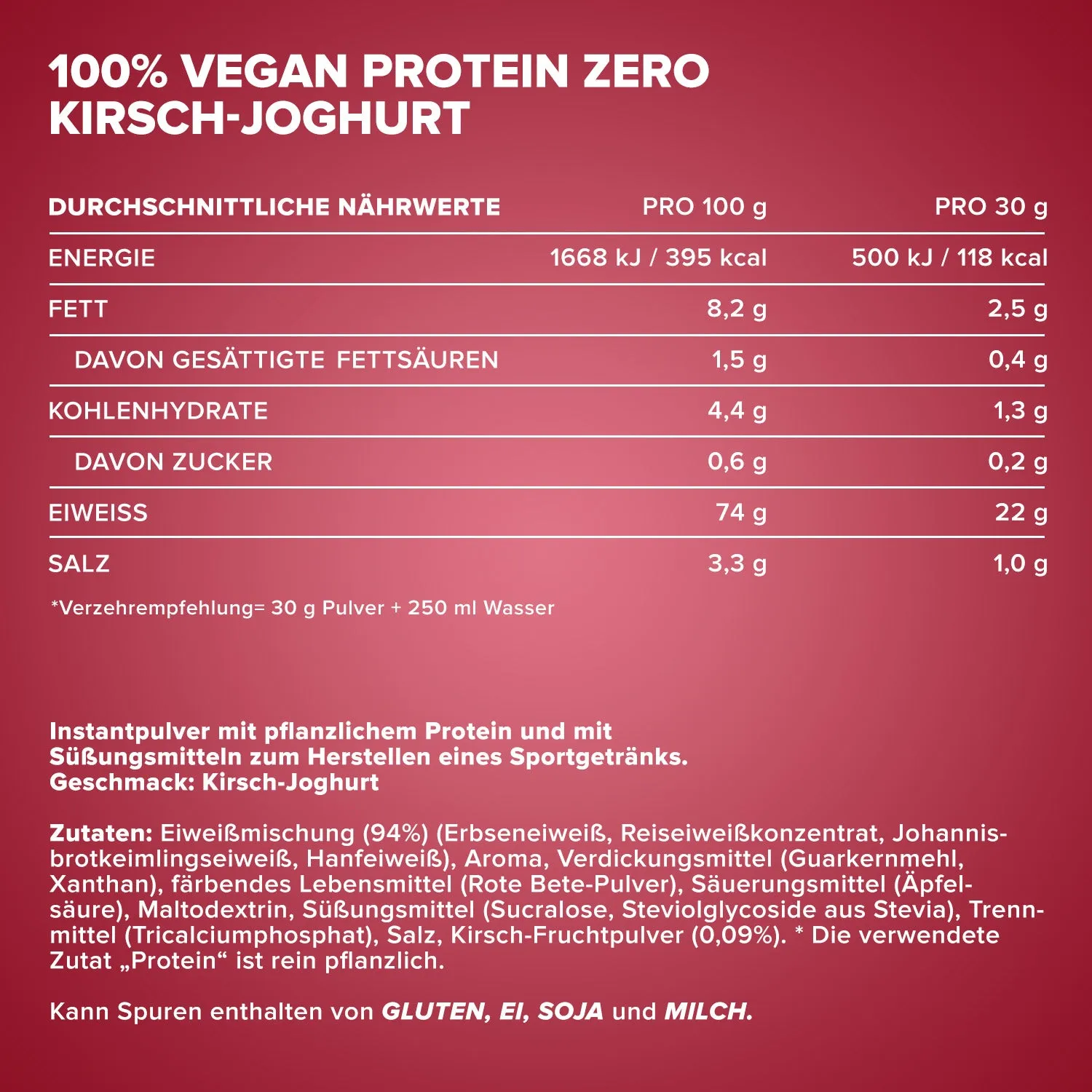 Iron Maxx 100% Vegan Protein Zero Proteinpulver Cherry Joghurt 500 g zuckerfrei