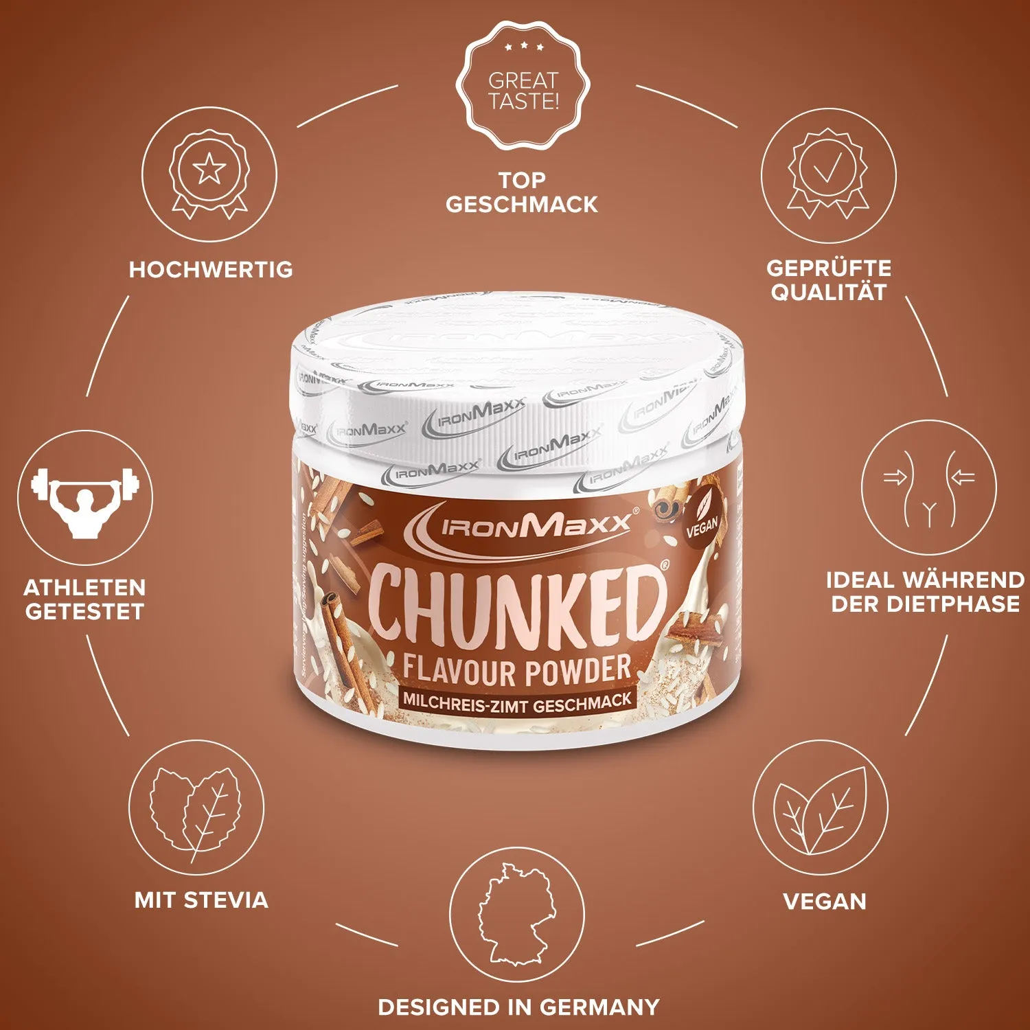 IronMaxx Chunked Geschmackspulver 150g Milchreis-Zimt vegan