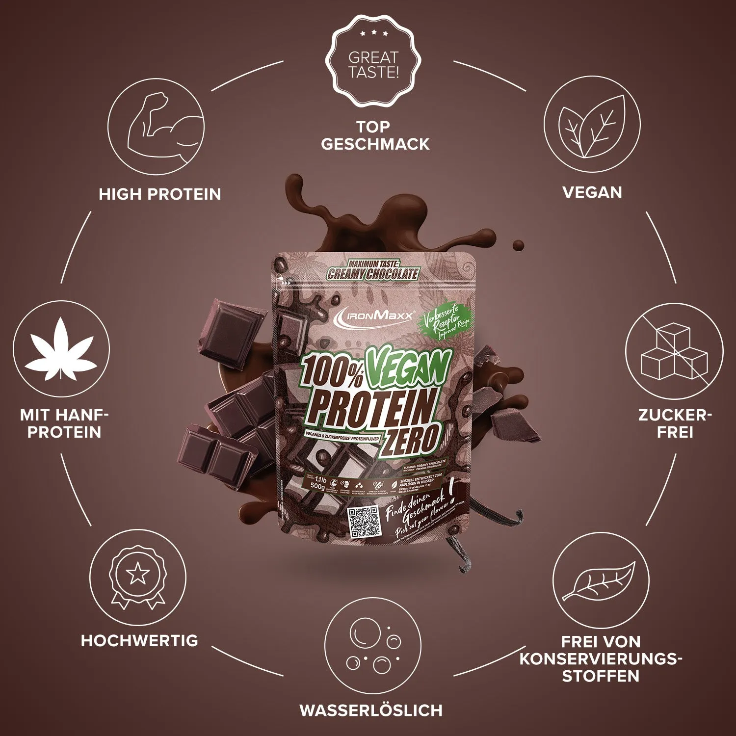 Iron Maxx 100% Vegan Protein Zero 500 g Creamy Chocolate zuckerfrei