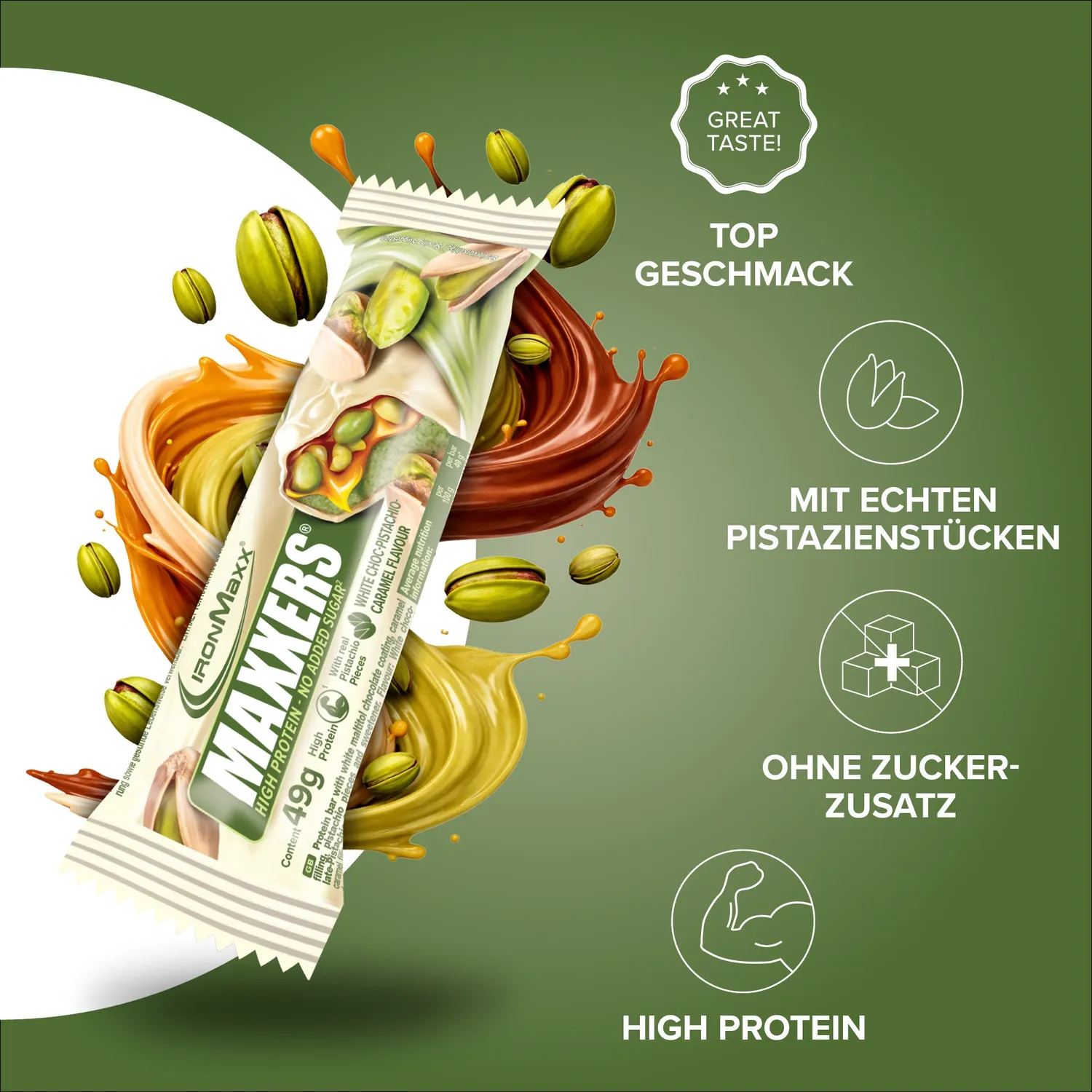 Iron Maxx Maxxers White Choc Pistachio Riegel 24x49g zuckerfrei