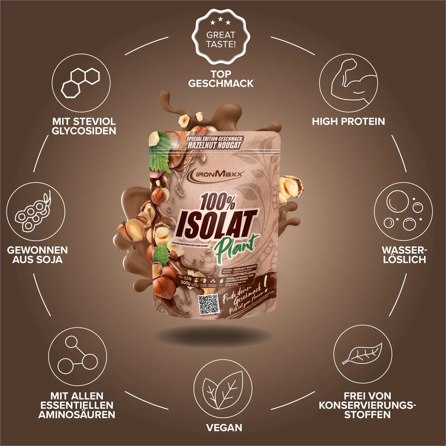 Iron Maxx 100% Isolat Plant Pulver 500g Hazelnut Nougat vegan