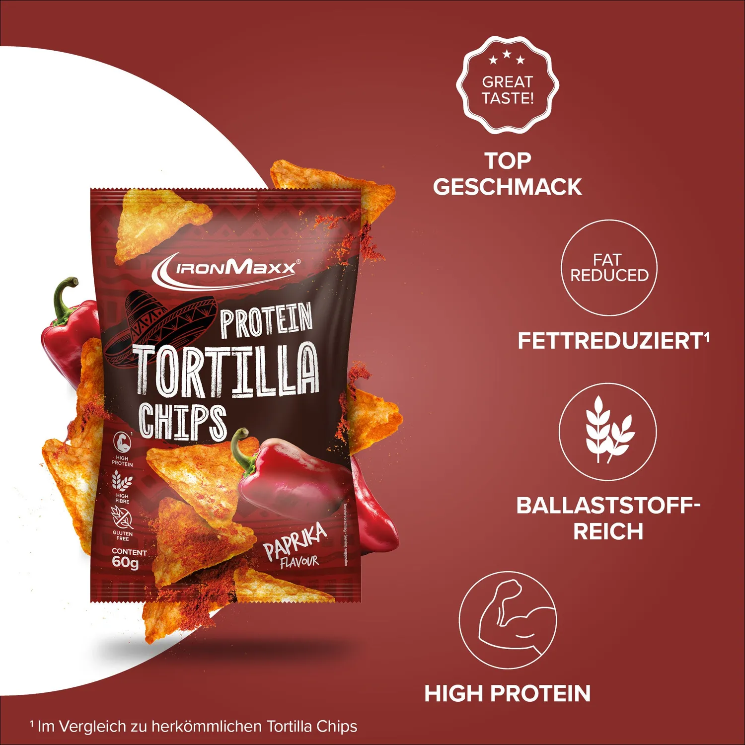 Iron Maxx Protein Tortilla Chips 2.0 60 g Paprika vegan gebacken