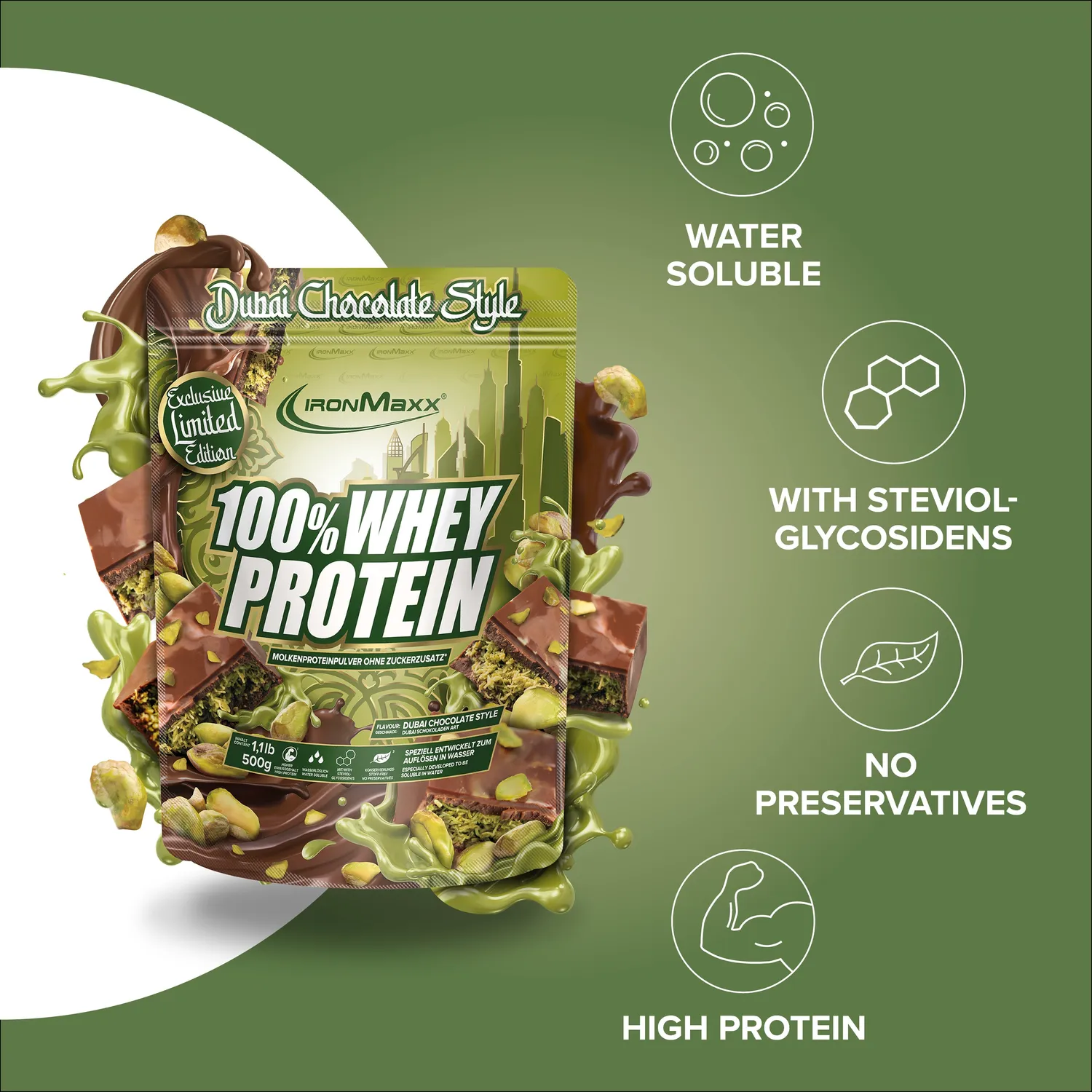 Iron Maxx 100% Whey Protein Pulver 500 g Dubai Chocolate Style