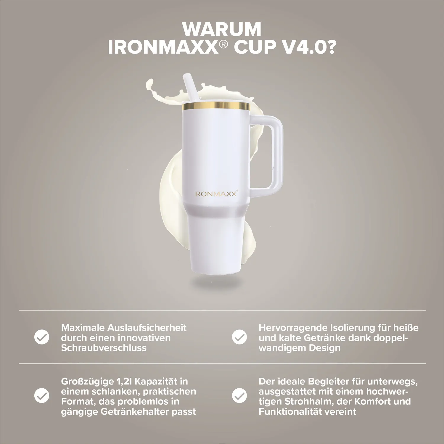 IronMaxx Cup V4.0 Trinkbecher 1200ml Whey White