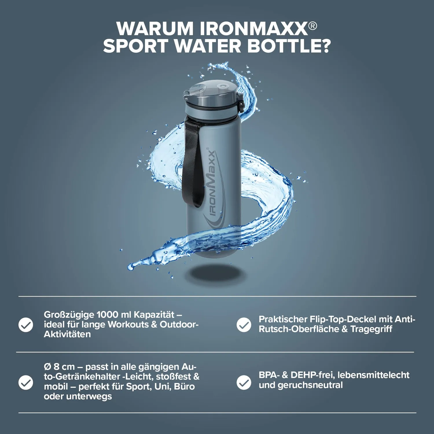 Iron Maxx Sport Water Bottle Trinkflasche 1000ml Blau BPA-frei