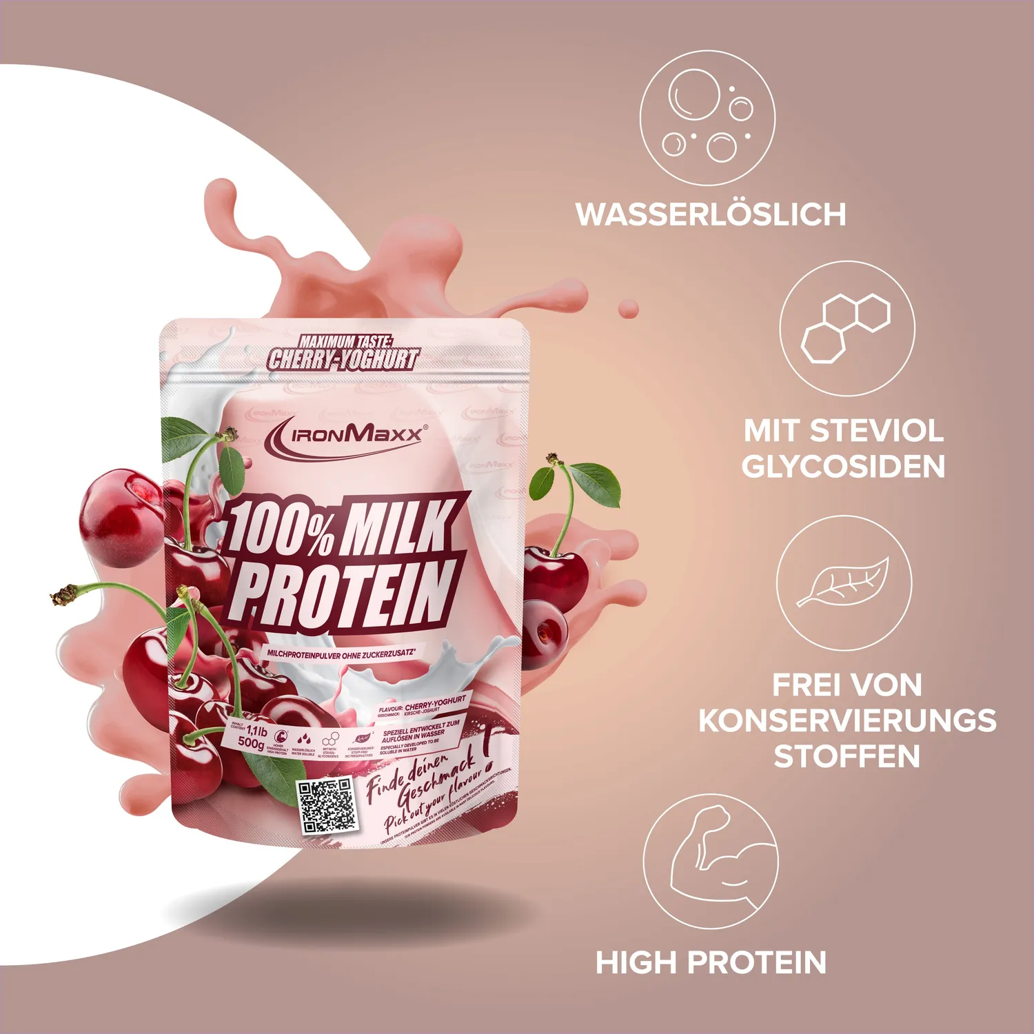 IronMaxx 100% Milk-Protein Proteinpulver 500 g Cherry Yoghurt Casein