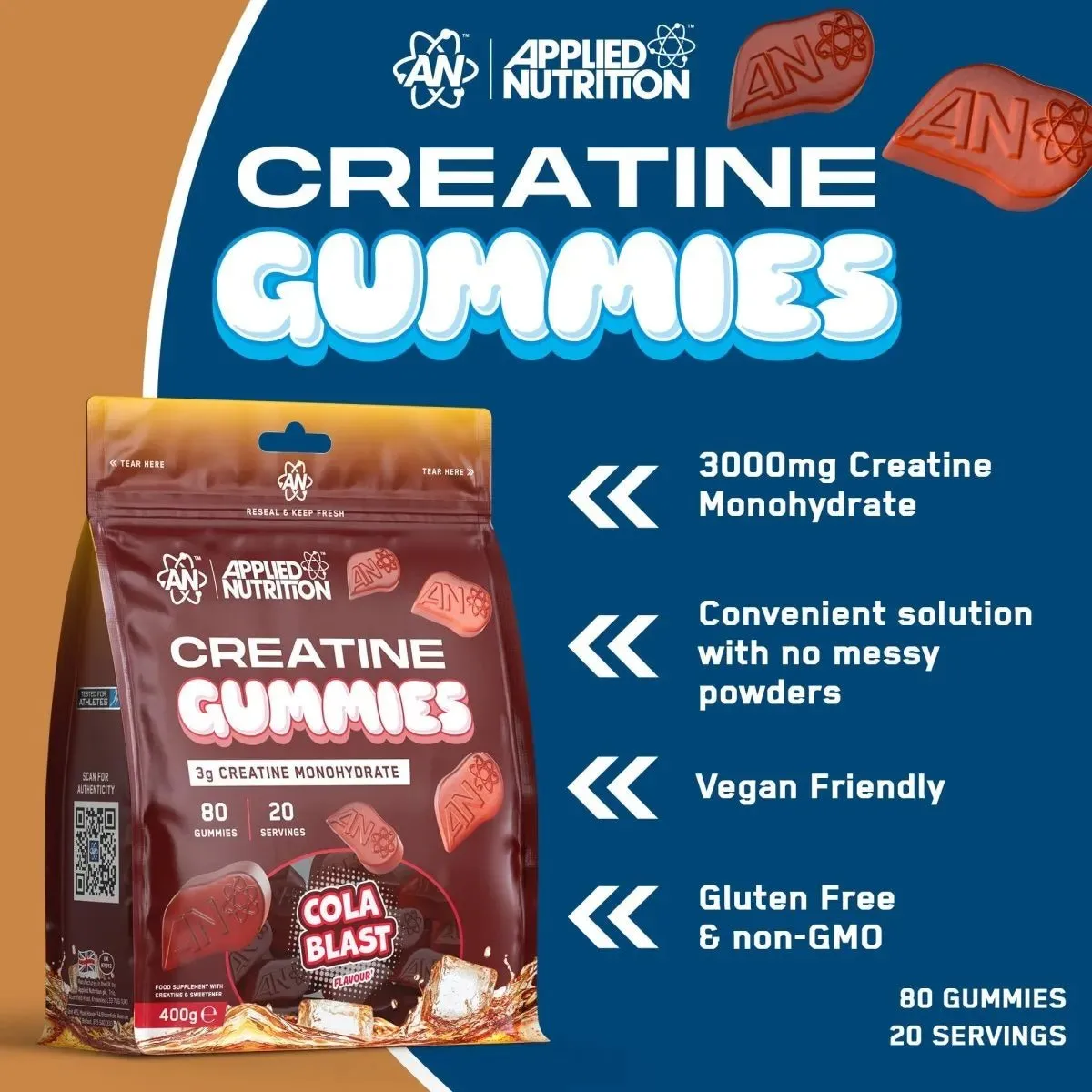 Applied Nutrition Kreatin-Monohydrat-Gummibärchen Blaue Himbeere 20 Portionen