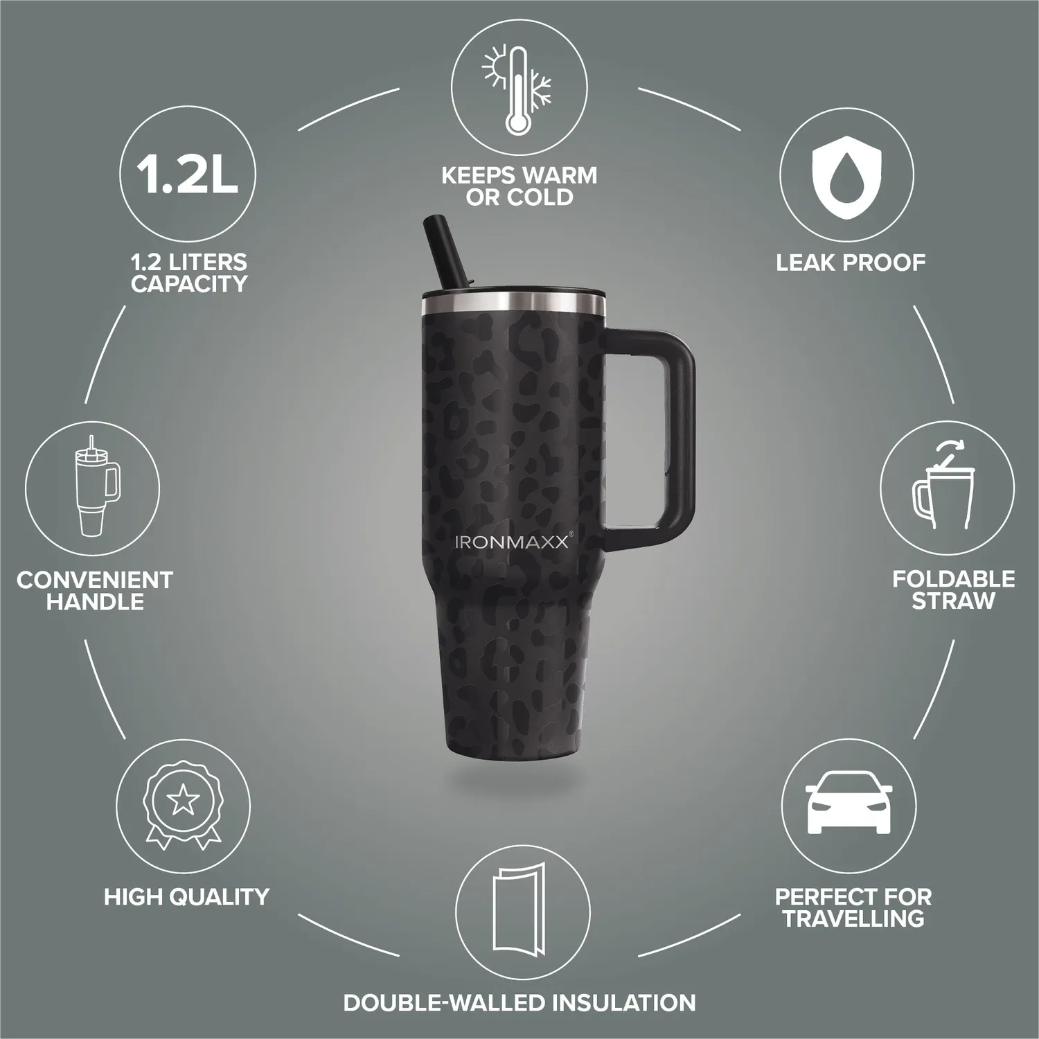 IronMaxx Cup V4.0 Trinkbecher 1200ml Leo-Style Black isoliert