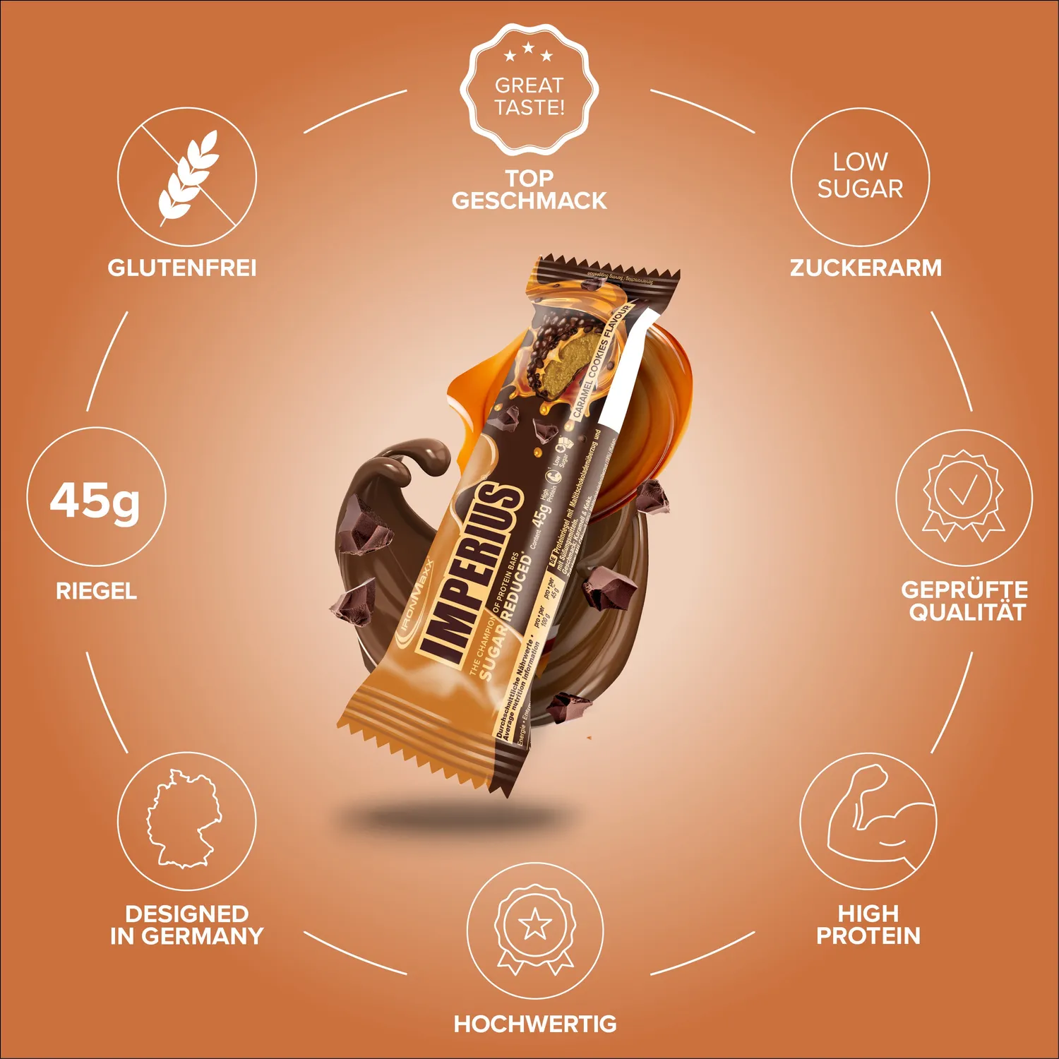 Iron Maxx Imperius Caramel Cookie Proteinriegel 24x45g Tray