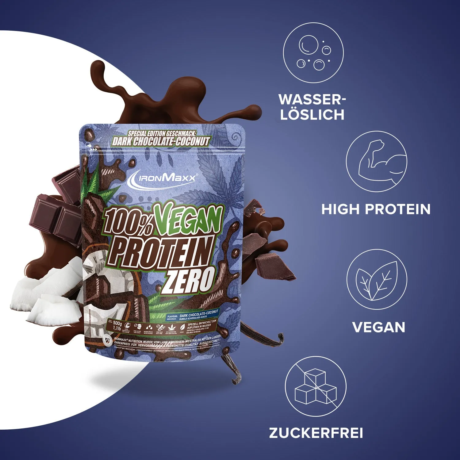 Iron Maxx Vegan Protein Zero Proteinpulver Dark Chocolate Coconut 500 g zuckerfrei
