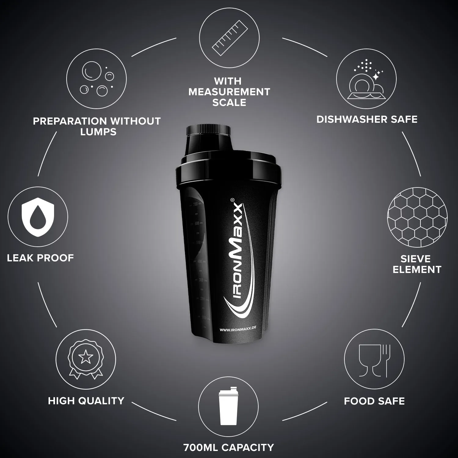 Iron Maxx Shaker 700 ml schwarz mit Sieb