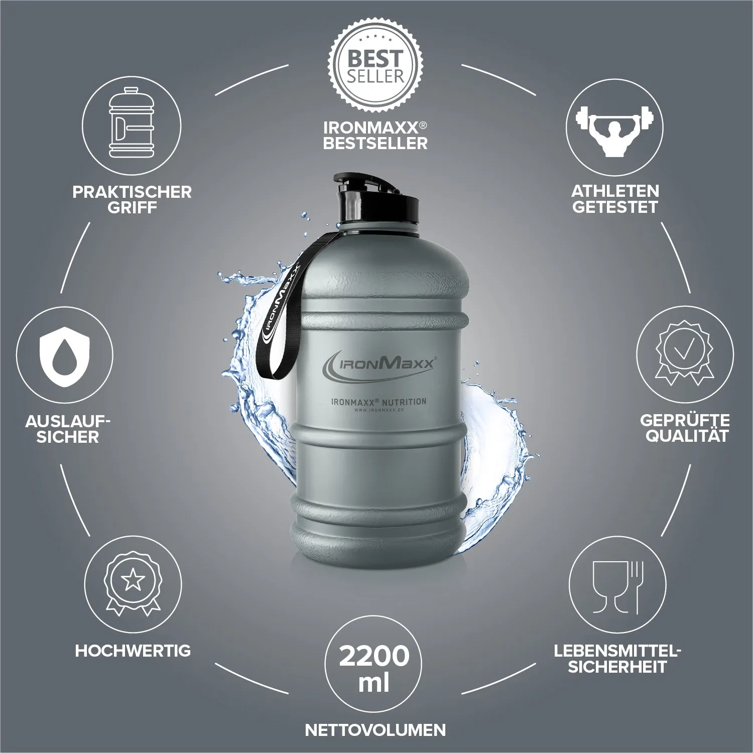 Iron Maxx Water Gallon Matt Transparent Frosted Ash Grey Trinkflasche 2200ml