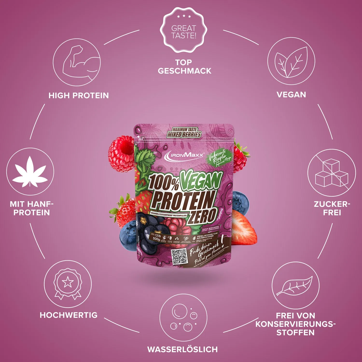 Iron Maxx 100% Vegan Protein Zero Proteinpulver 500 g Mixed Berries zuckerfrei