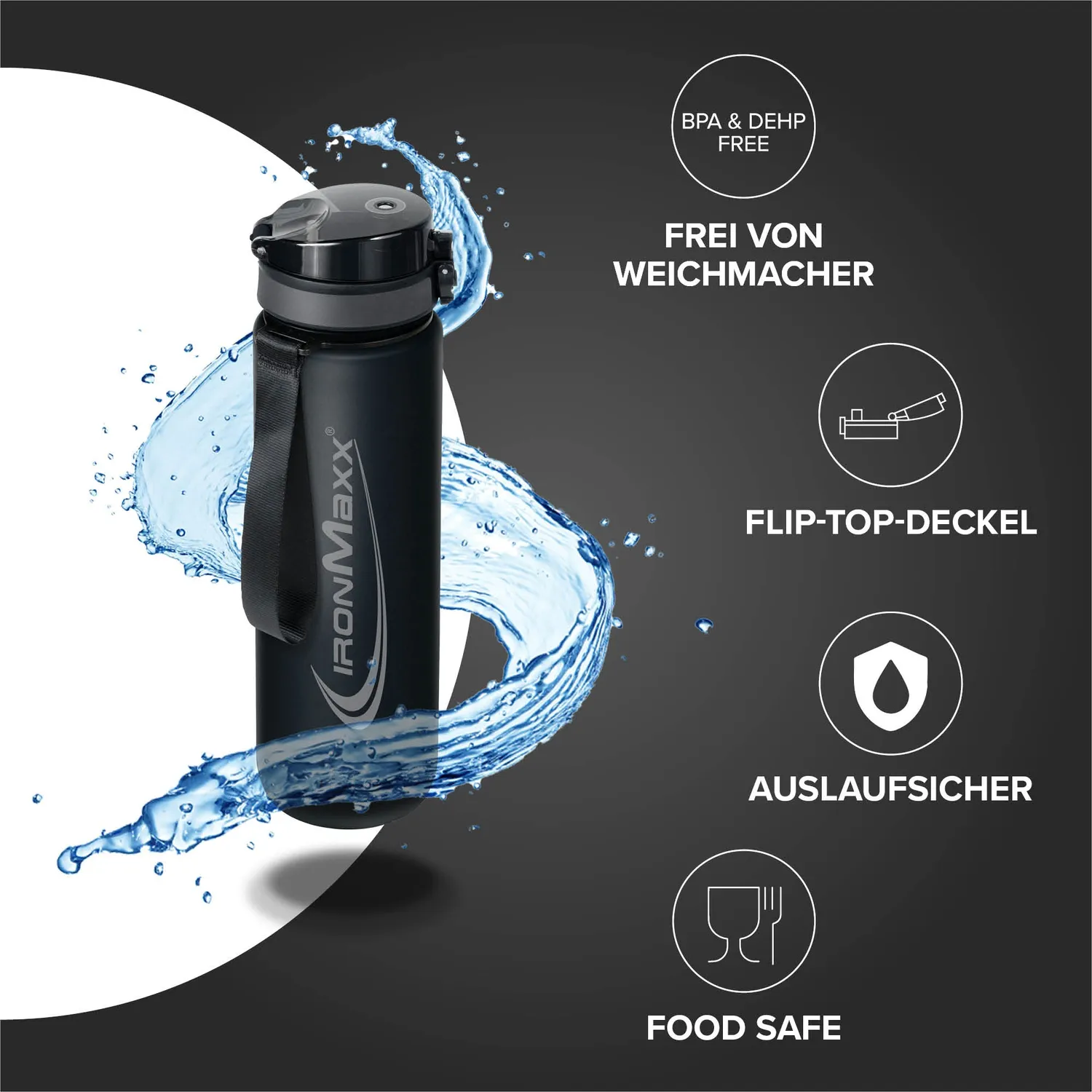 Iron Maxx Sport Water Bottle Trinkflasche 1000ml Deep Black BPA-frei