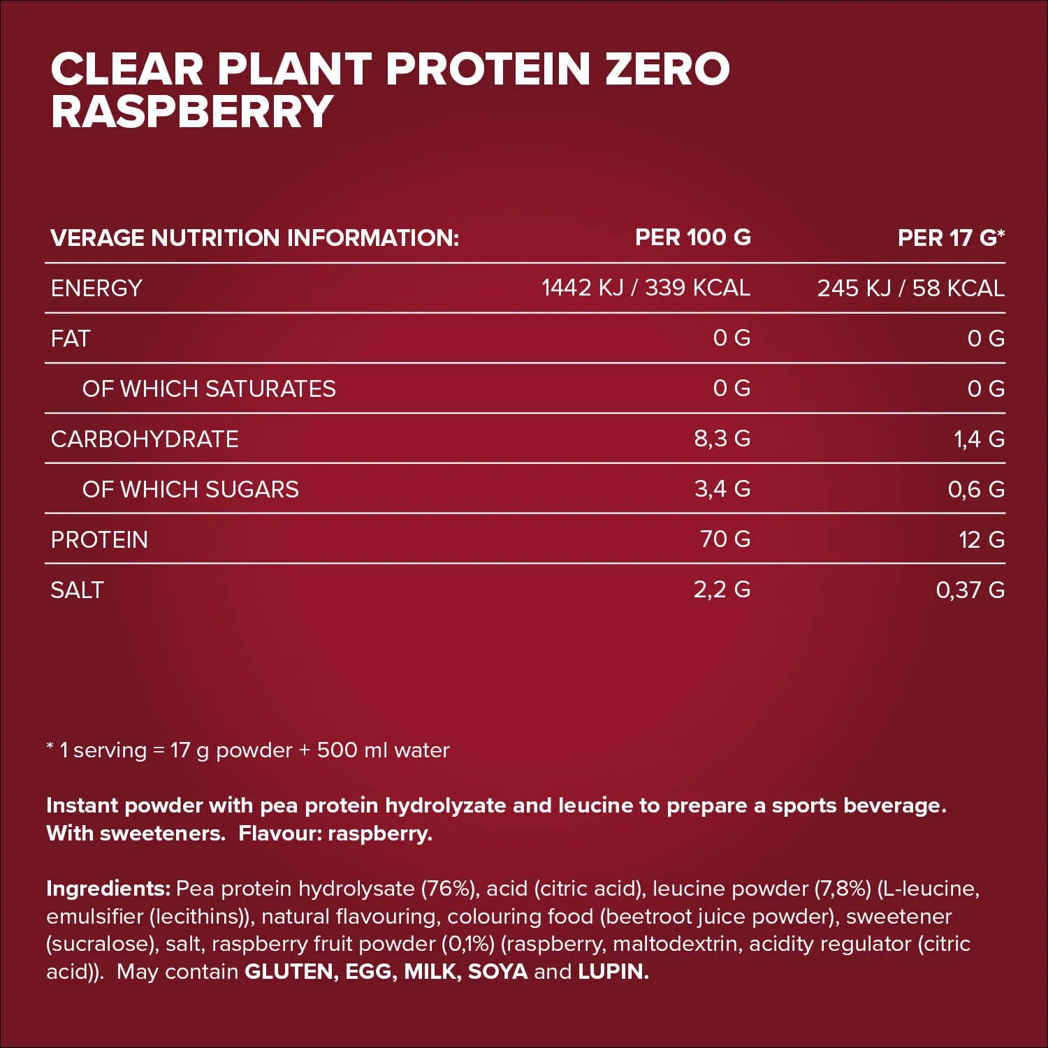 Iron Maxx Clear Plant Protein Zero Proteinpulver Himbeere 400g