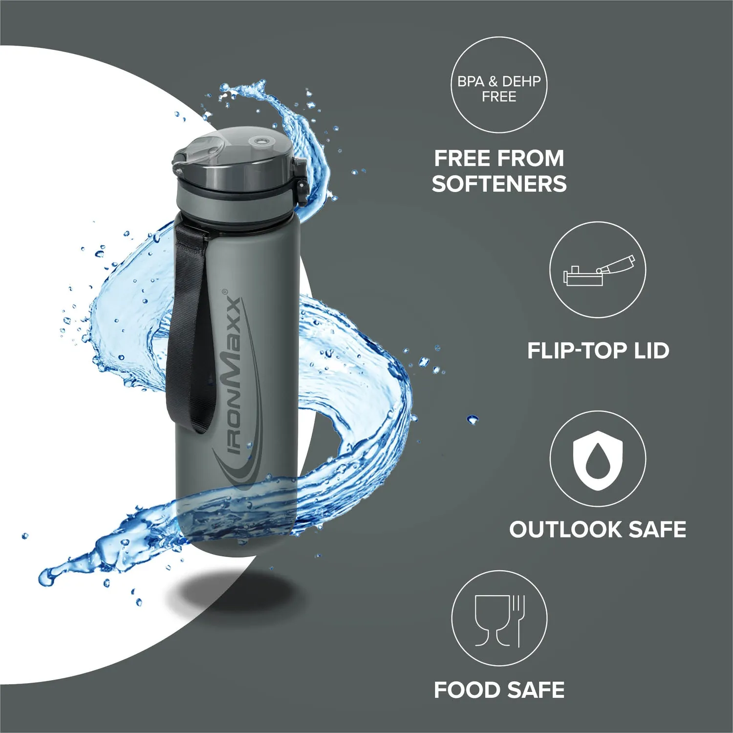 Iron Maxx Sport Water Bottle 1000ml Ash Grey BPA-frei