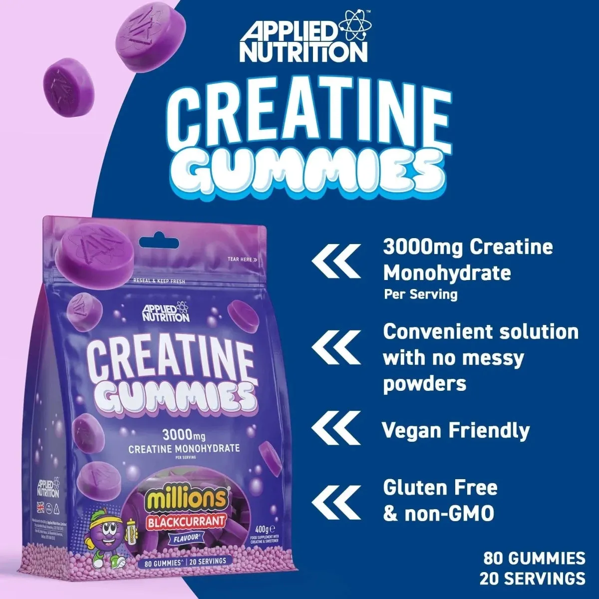 Applied Nutrition Kreatin-Monohydrat-Gummibärchen Blaue Himbeere 20 Portionen