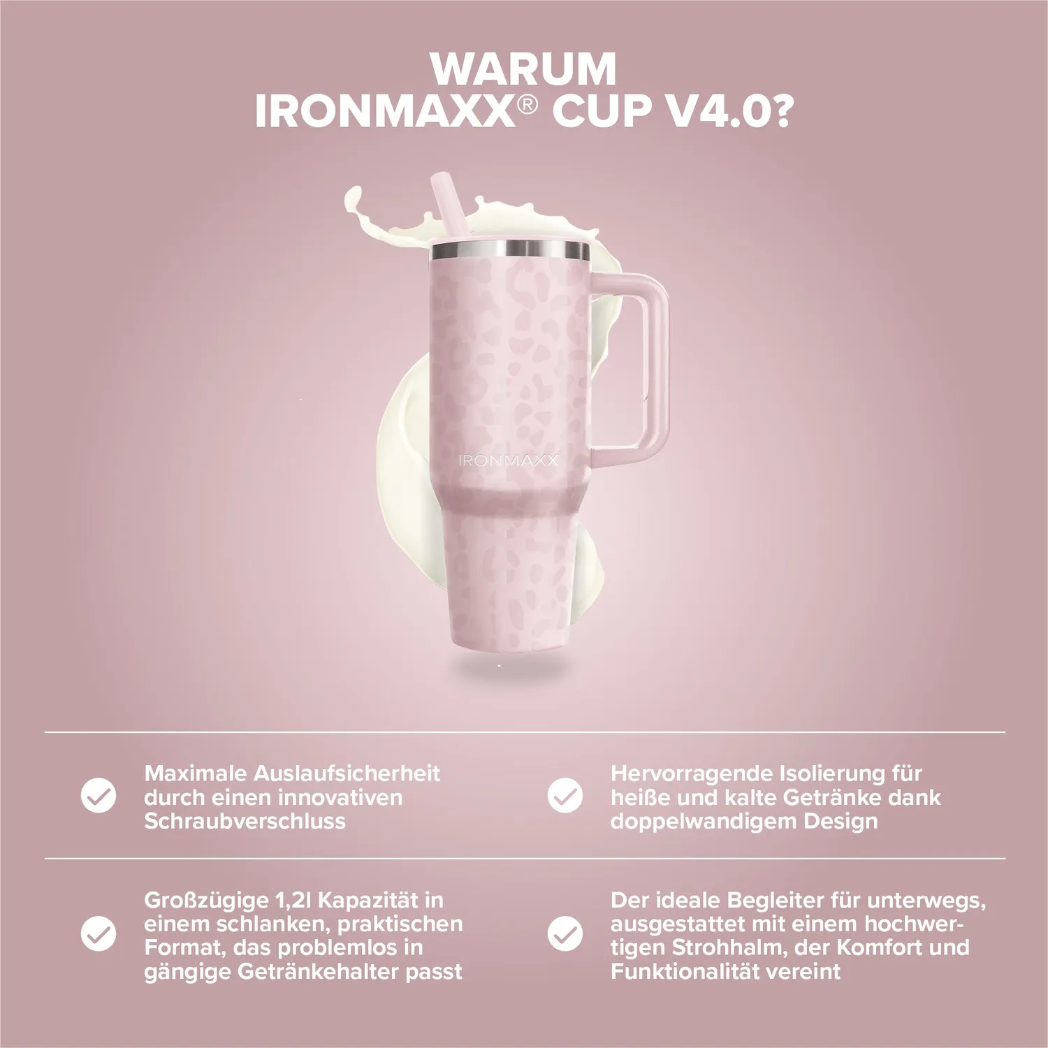 Iron Maxx Cup V4.0 1200ml Leo-Style Rose Edelstahl Trinkbecher