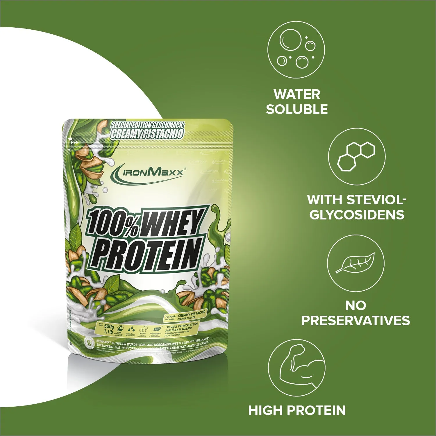 Iron Maxx 100% Whey Protein Creamy Pistazie Pulver 500g zuckerfrei