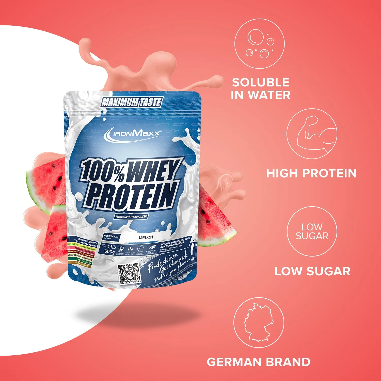 Iron Maxx 100% Whey Protein Pulver Melone 500g zuckerfrei