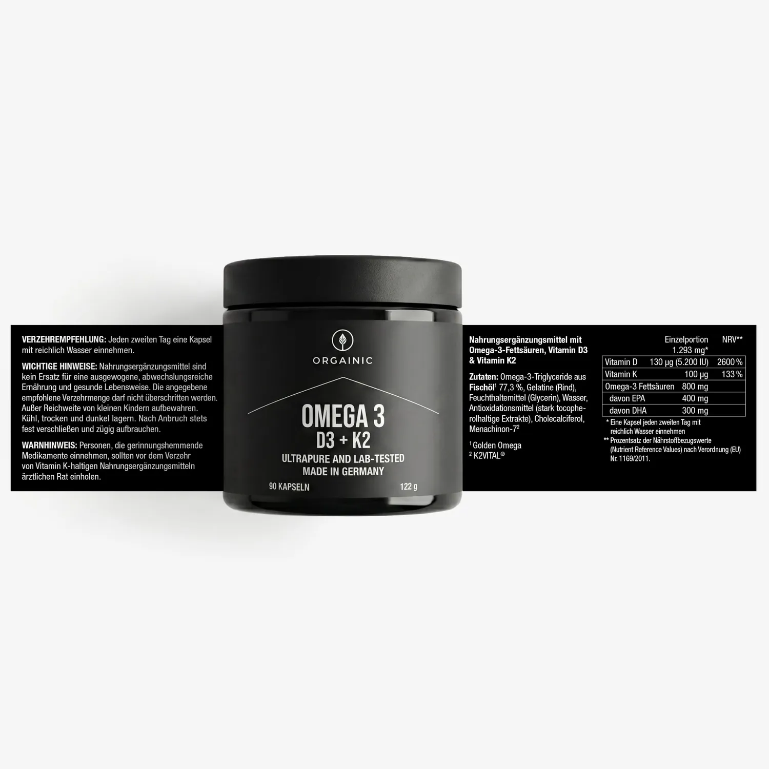 ORGAINIC Omega 3 + D3 K2 Fischöl Kapseln 90 Stück laborgeprüft