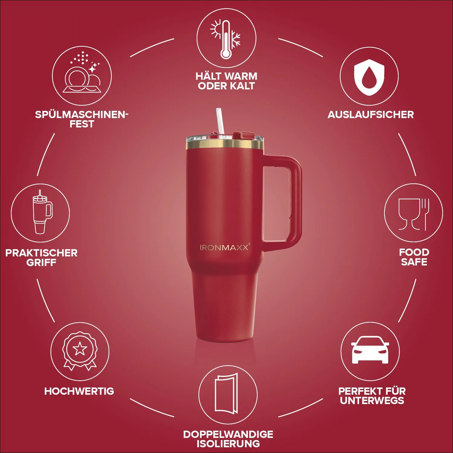 IronMaxx Cup V3.0 1200 ml Trinkbecher Ruby Red Edelstahl isoliert