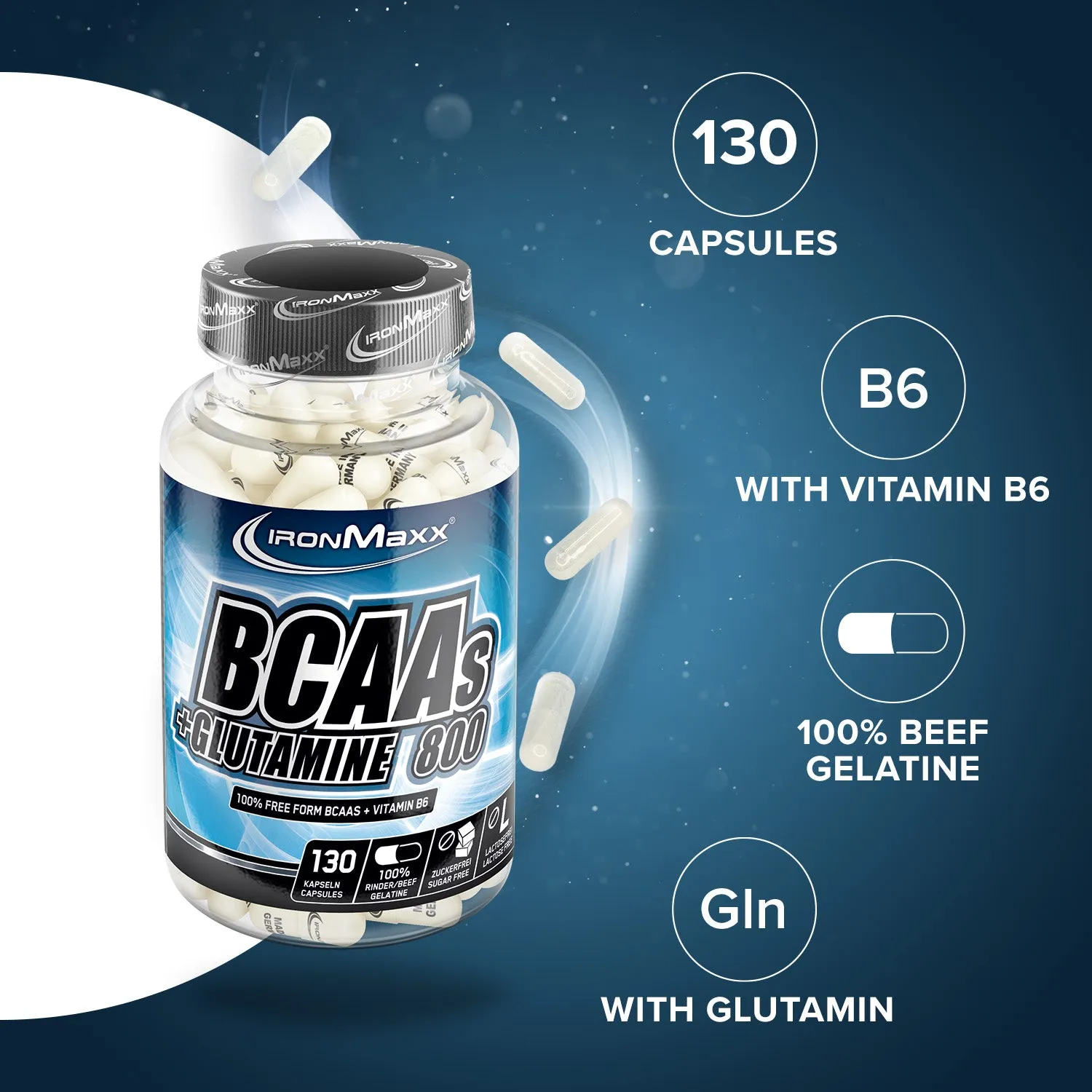 IronMaxx BCAAs + Glutamin 800 Aminosäuren-Kapseln 130 Kapseln