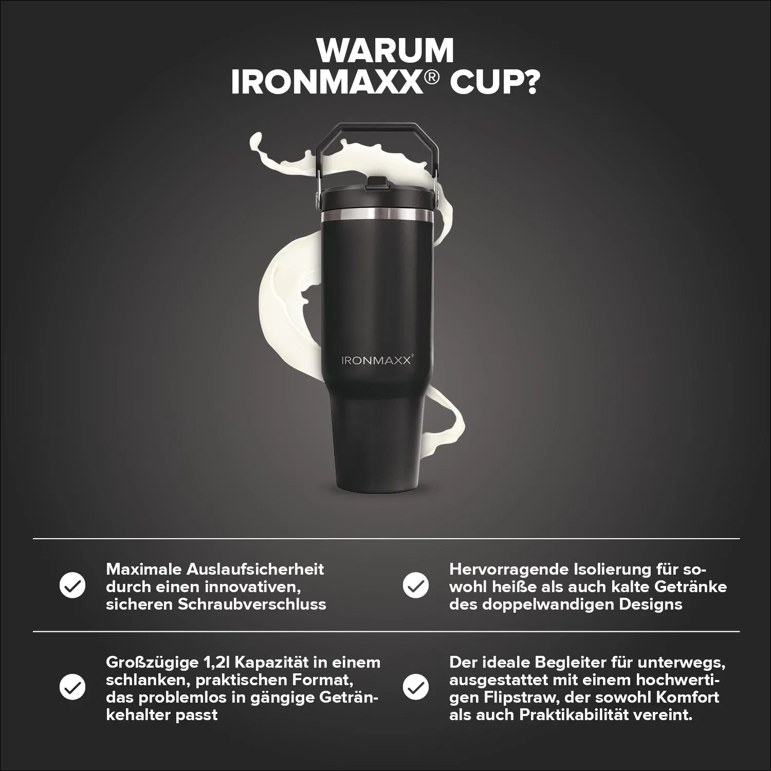 IronMaxx Cup V5.0 Trinkflasche 1200 ml Schwarz Edelstahl isoliert