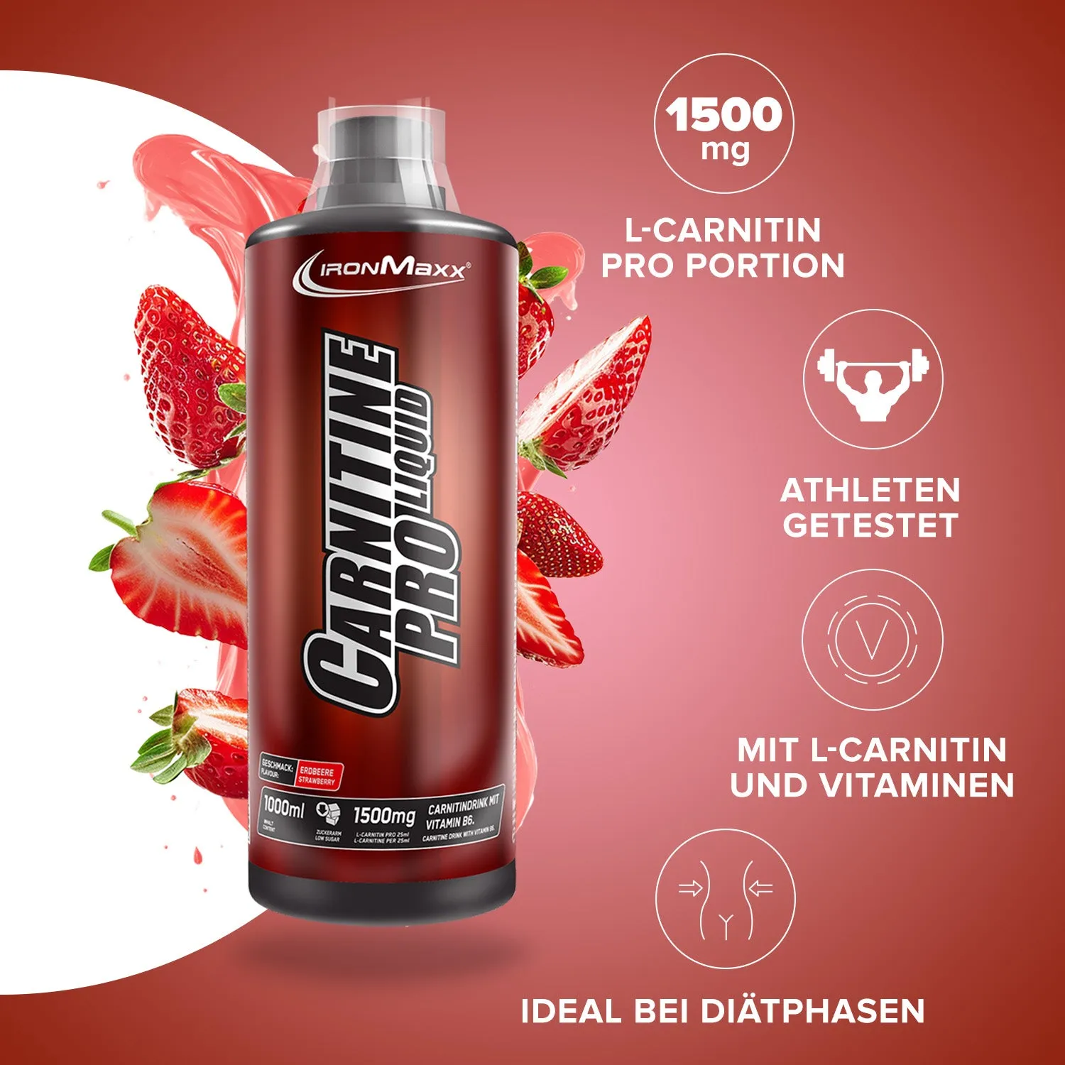 Iron Maxx Carnitine Pro Liquid L-Carnitin Erdbeere 1000 ml vegan